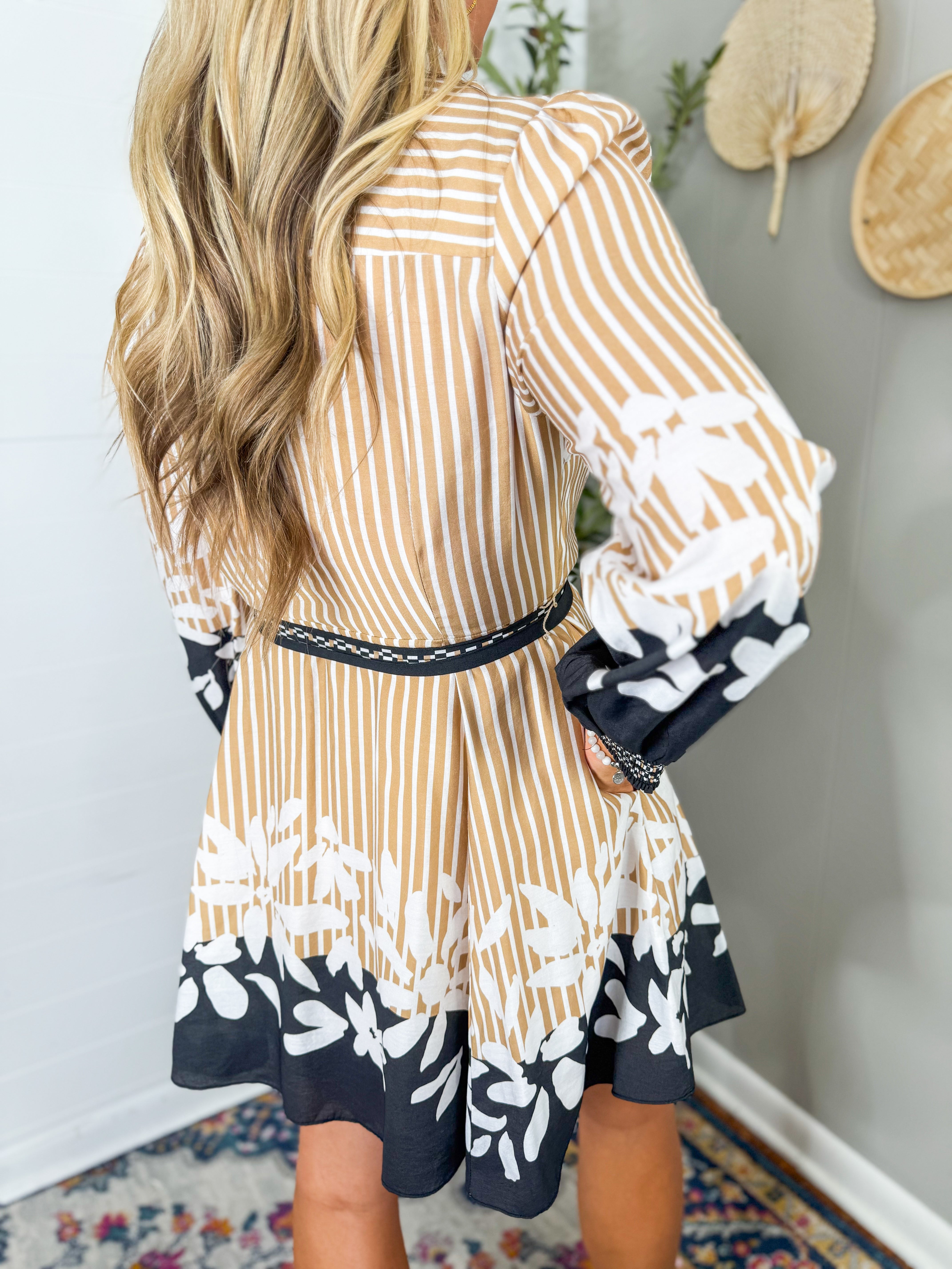 Long Sleeve Border Print Shirt Dress Mini