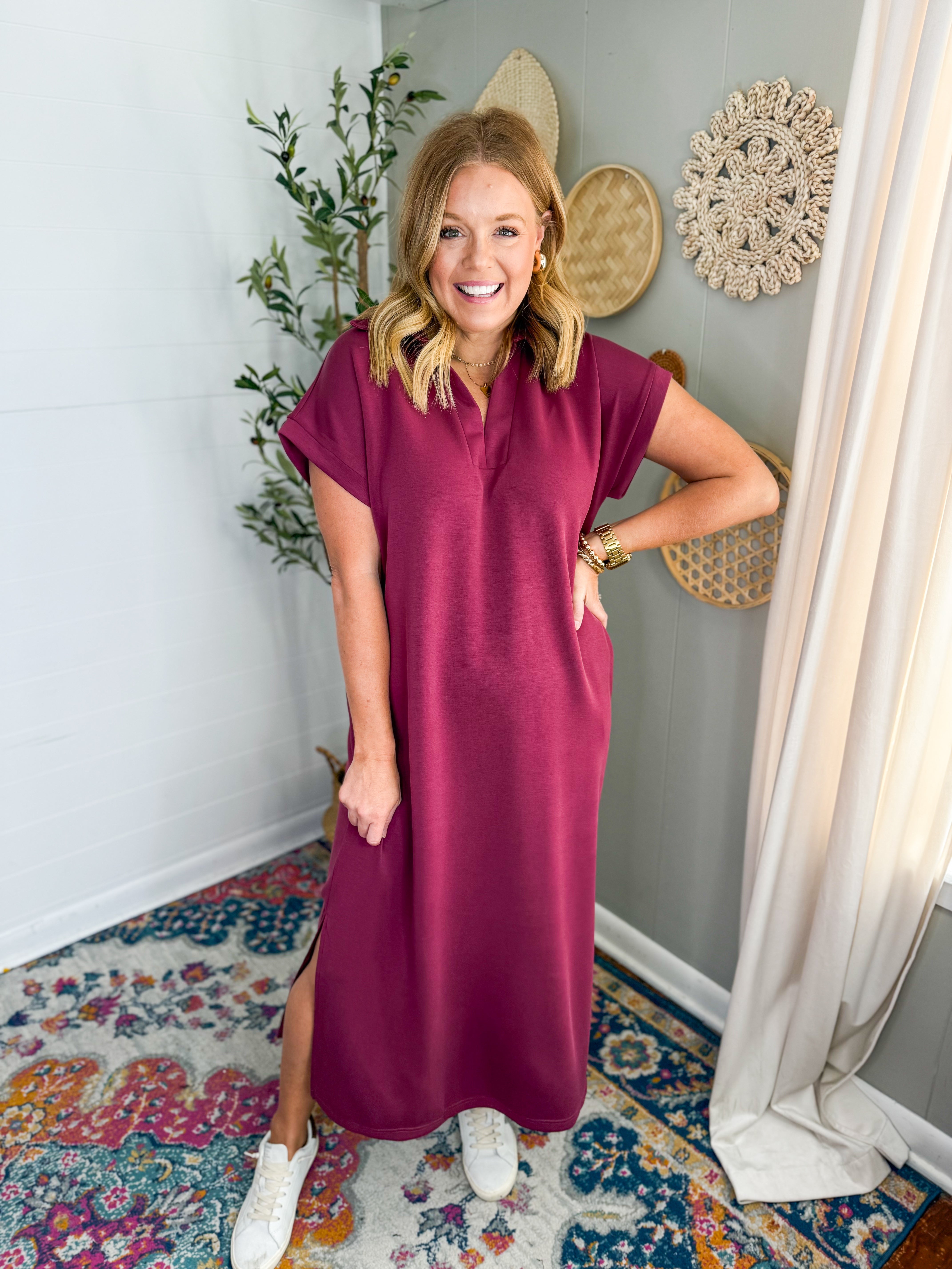 Short Sleeve V-Neck Collared Midi Dress