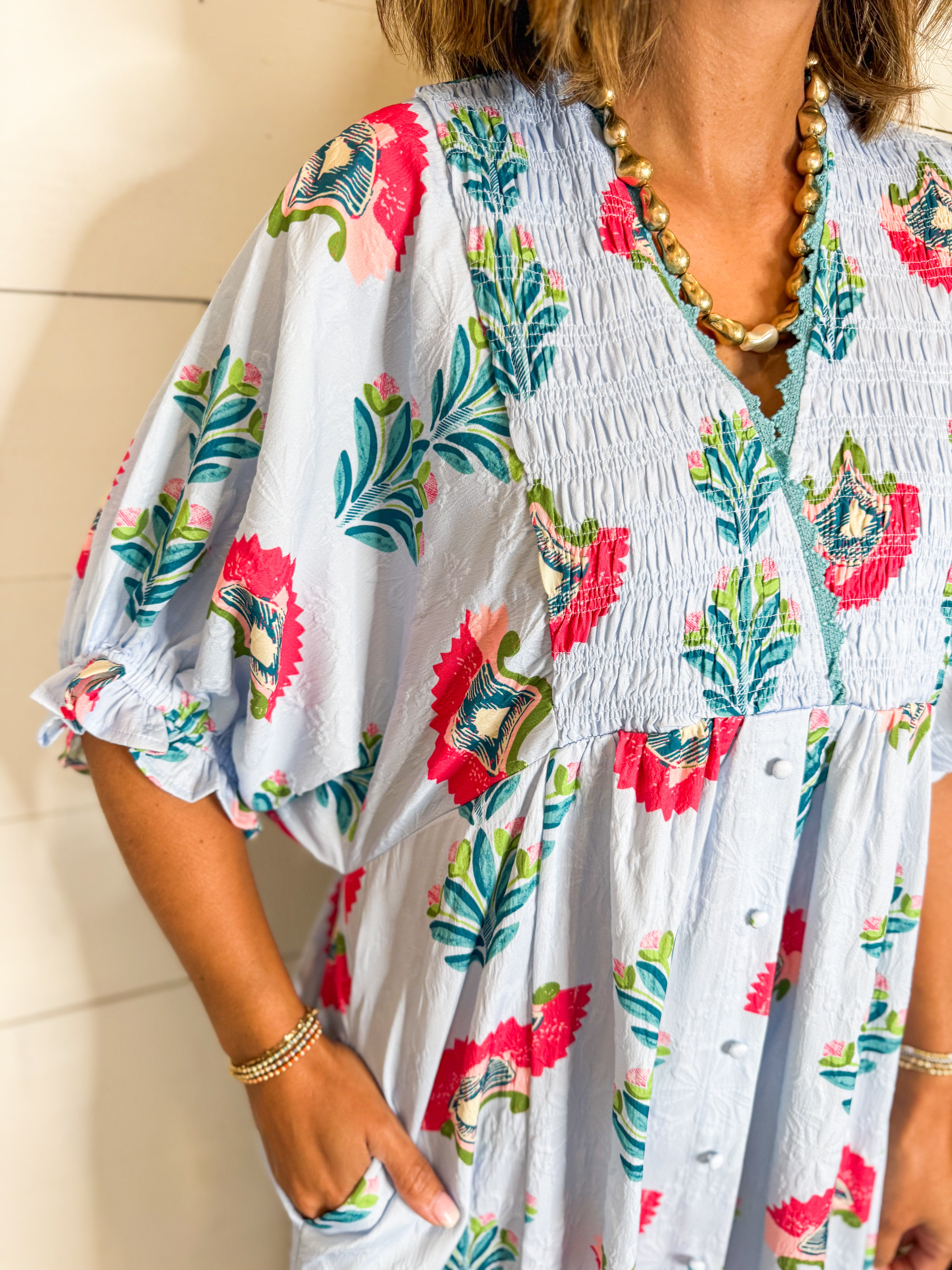 Light Blue Abstract Print Midi Dress