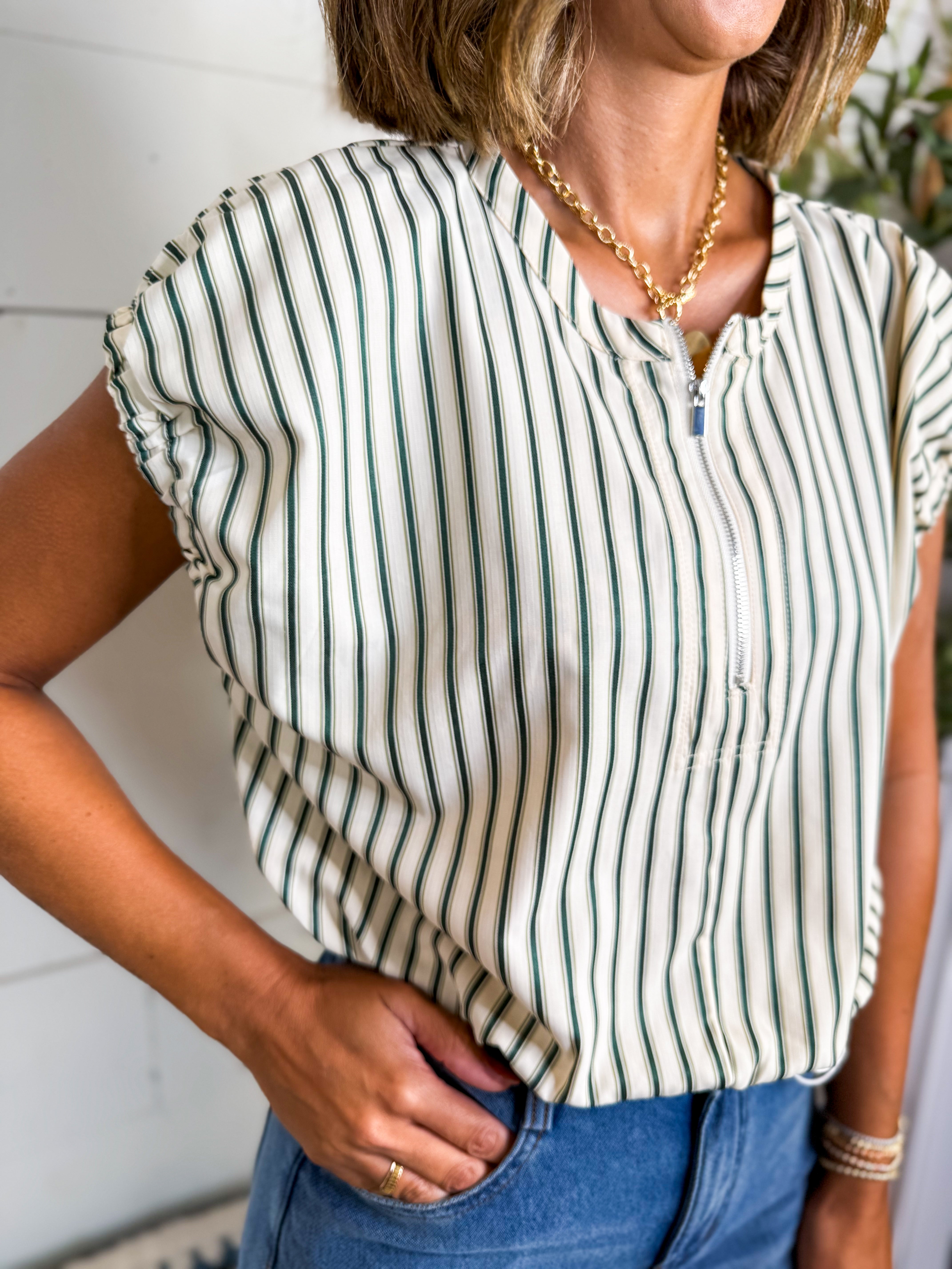 Green Striped Cap Sleeve Top