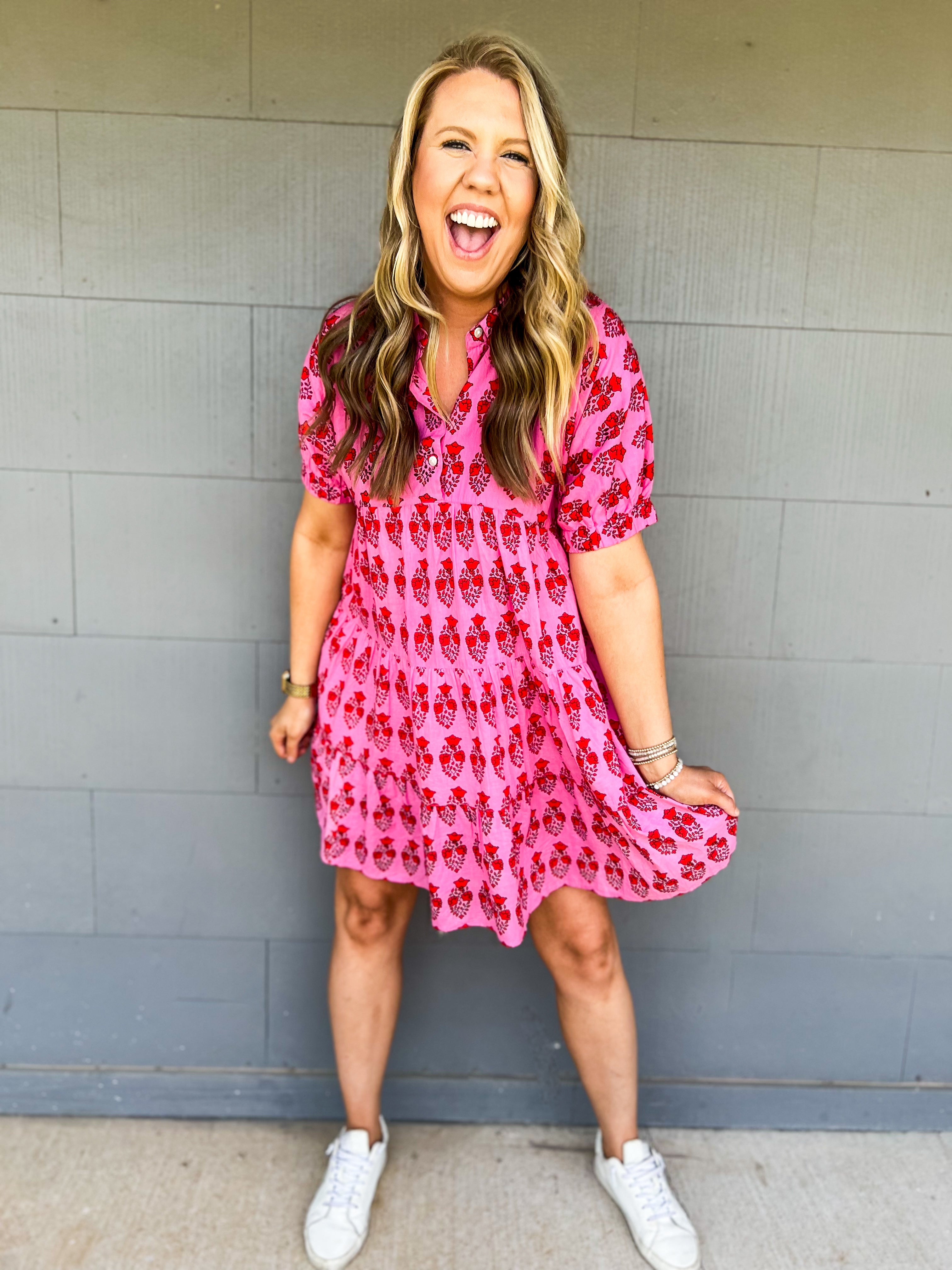 THML Pink Short Sleeve Print Midi Dress