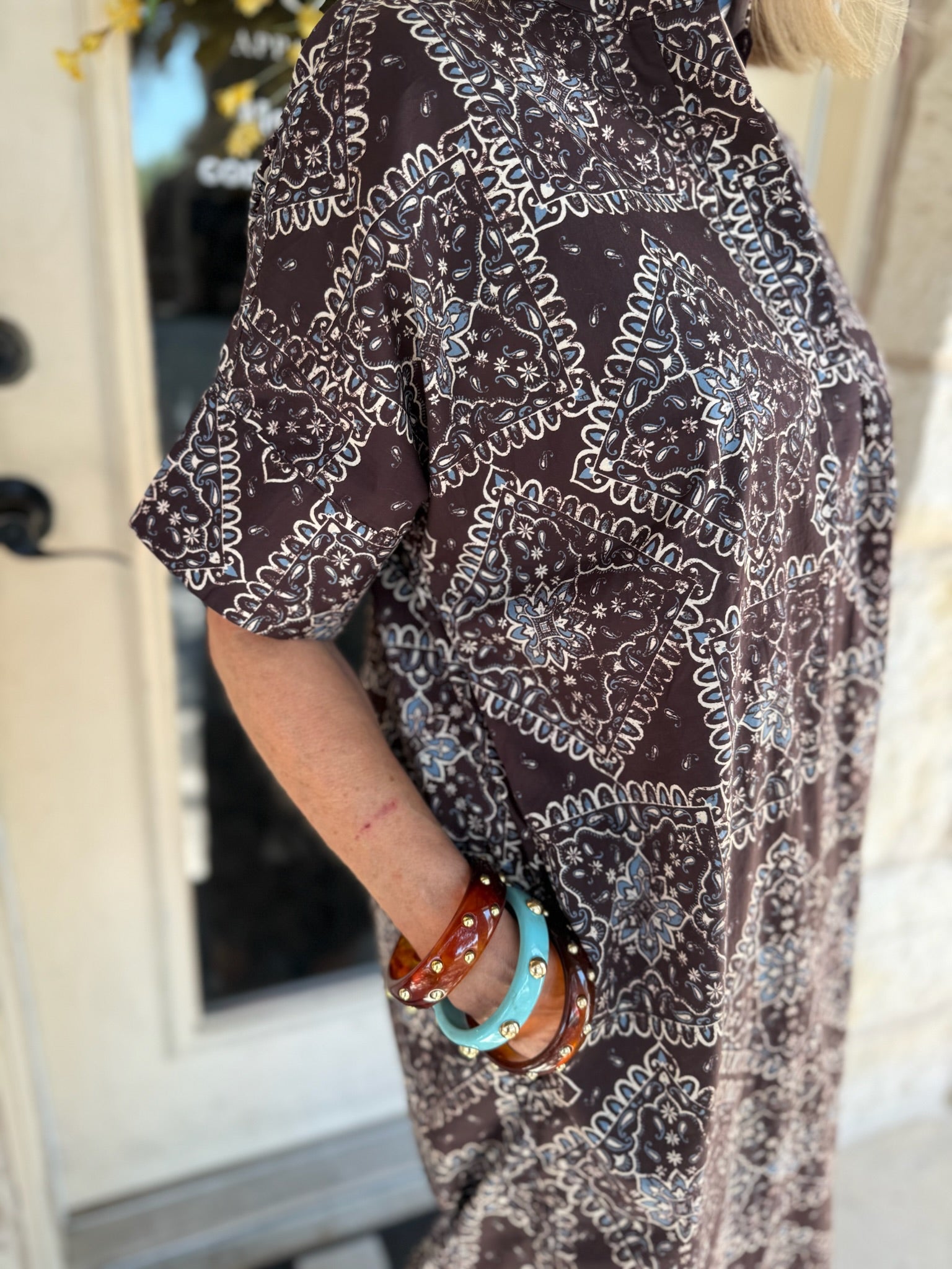 Brown Printed Collared Midi Dress