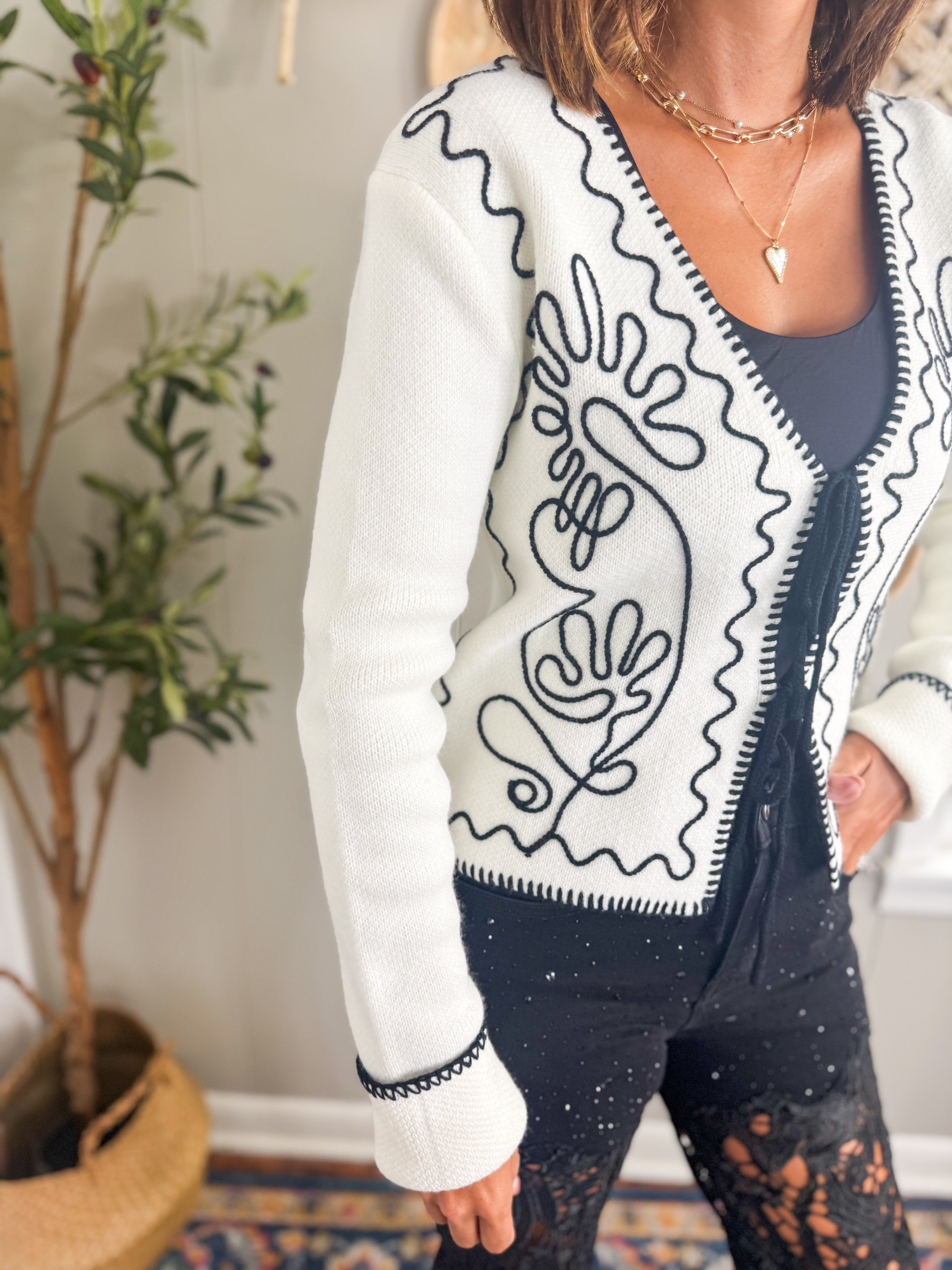 Embroidered Front Tie Cardigan