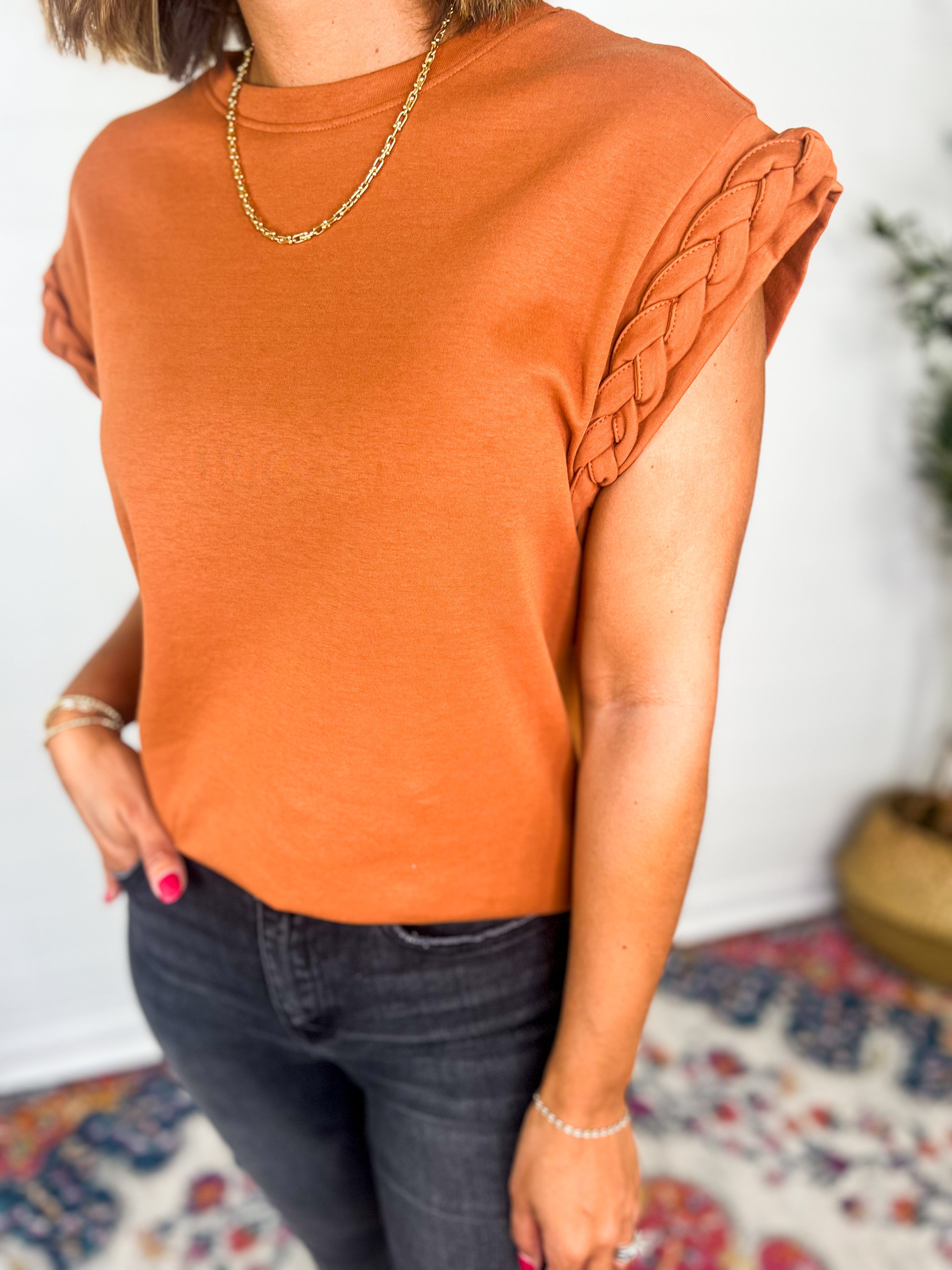 Solid Knit Top With Braided Detail Sleeves