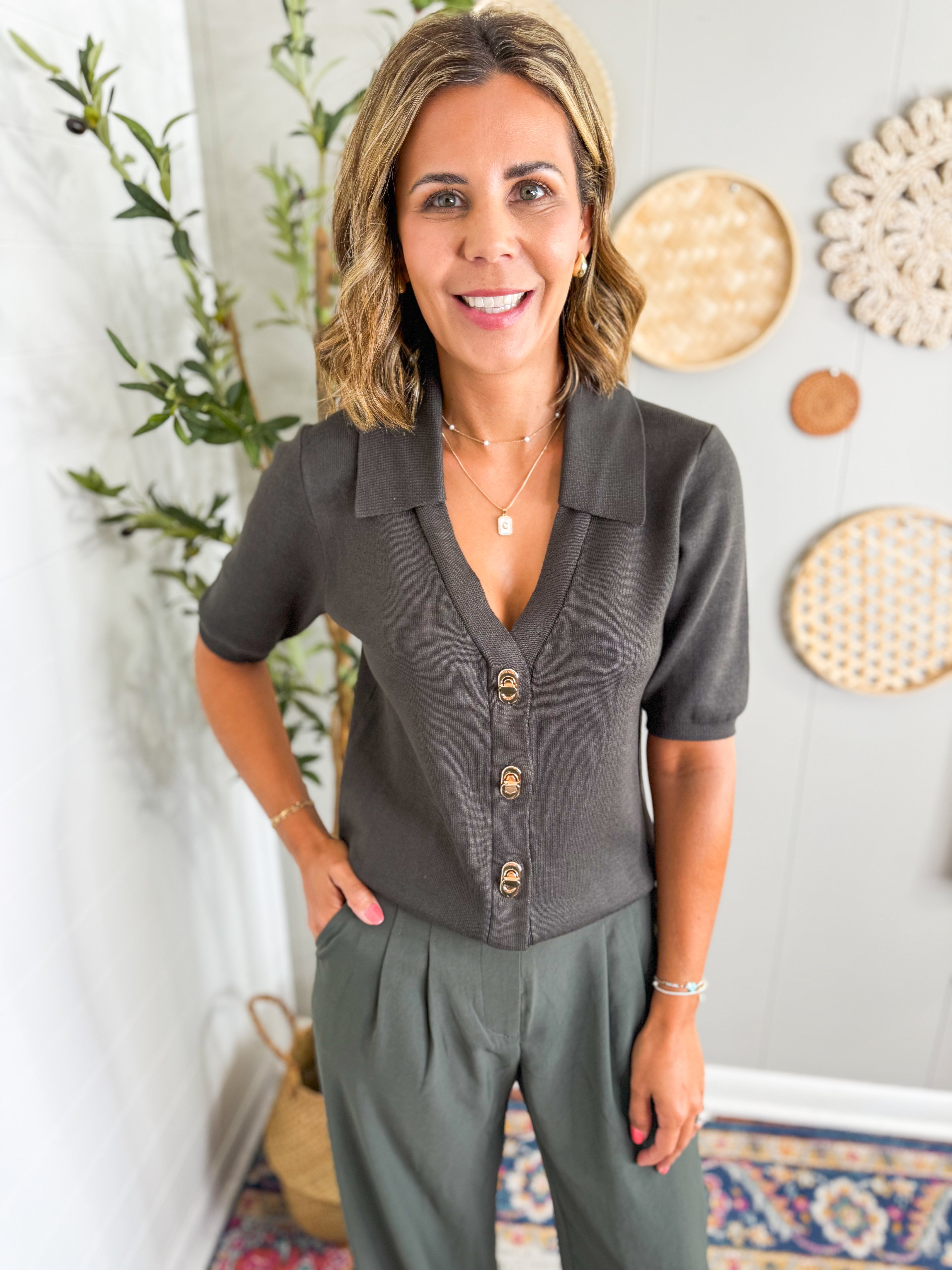 Olive Collar Short Sleeve Top