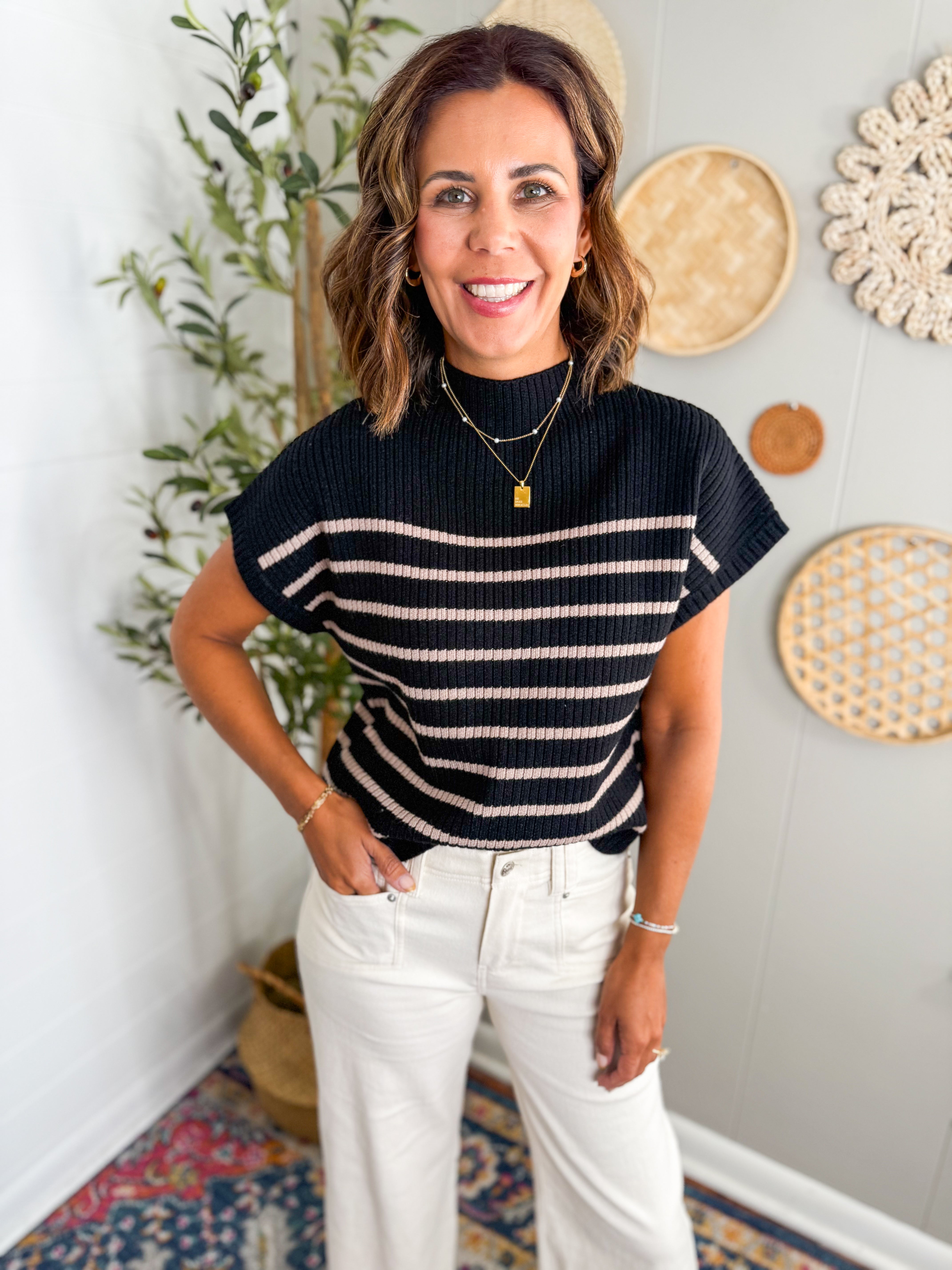 Stripe Mock Neck Short Sleeve Knit Sweater