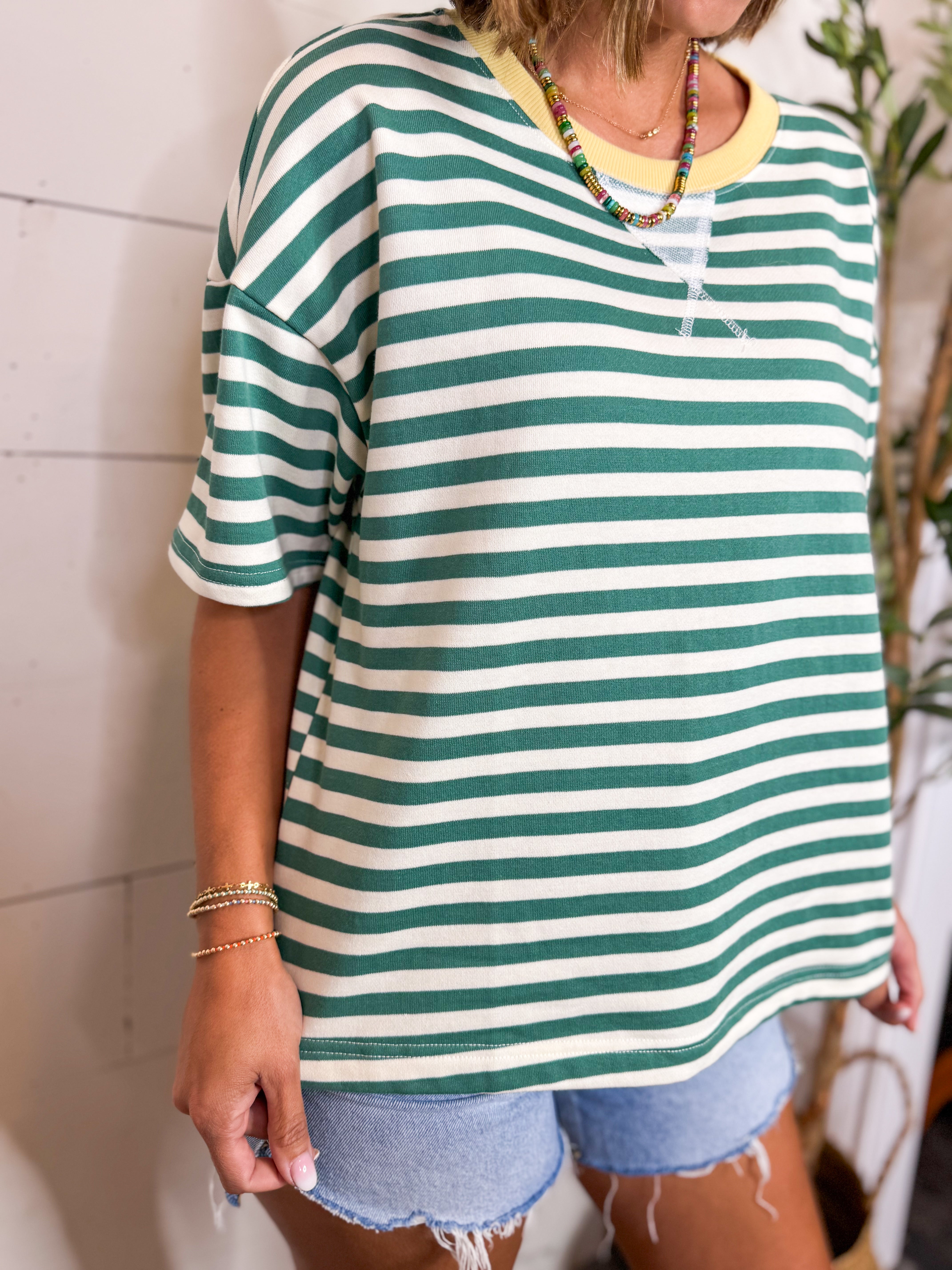 Green Stripe Contrast Neckline Short Sleeve Knit Top