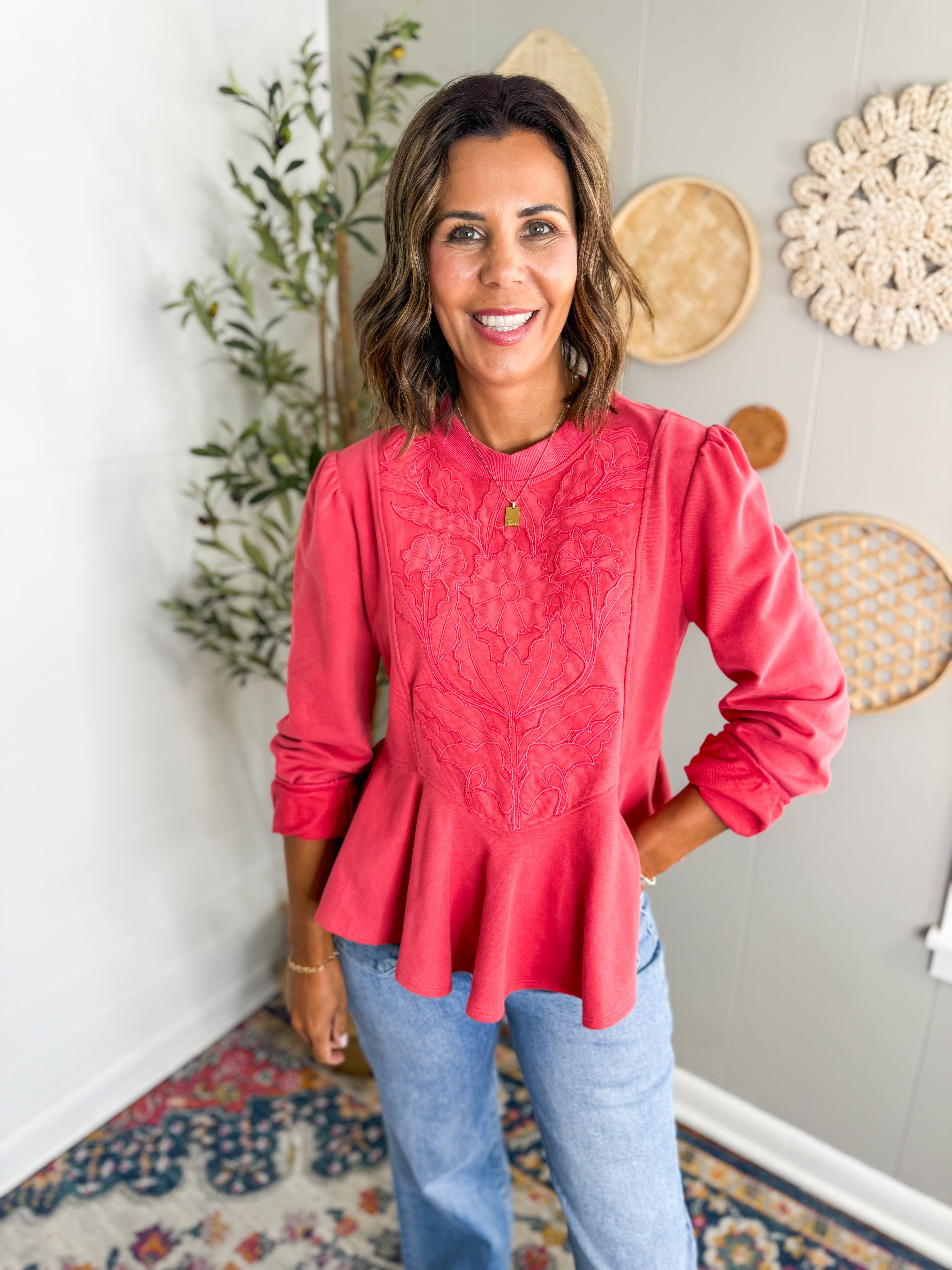 Embossed Floral Detail Peplum Sweatshirt