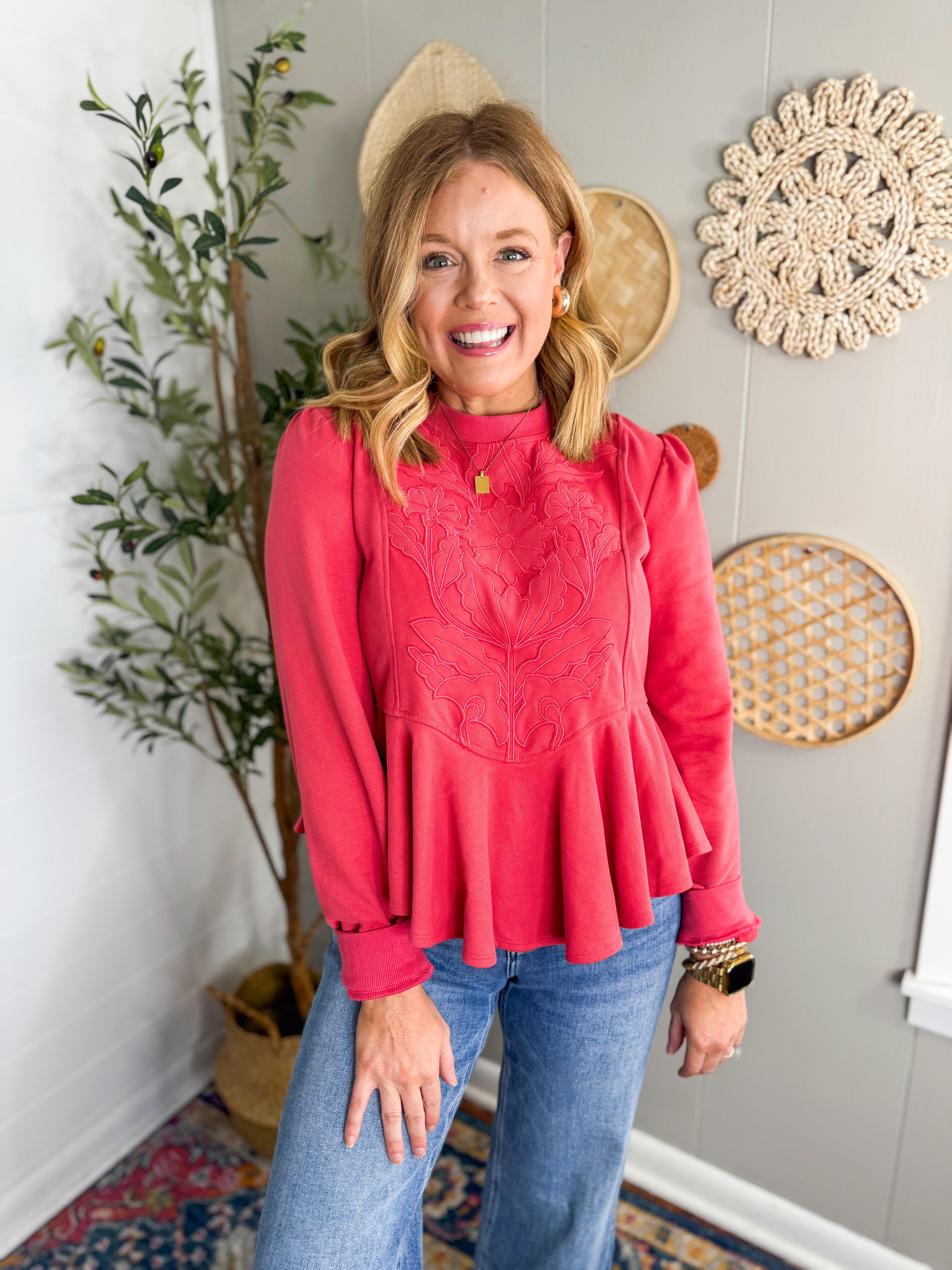 Embossed Floral Detail Peplum Sweatshirt