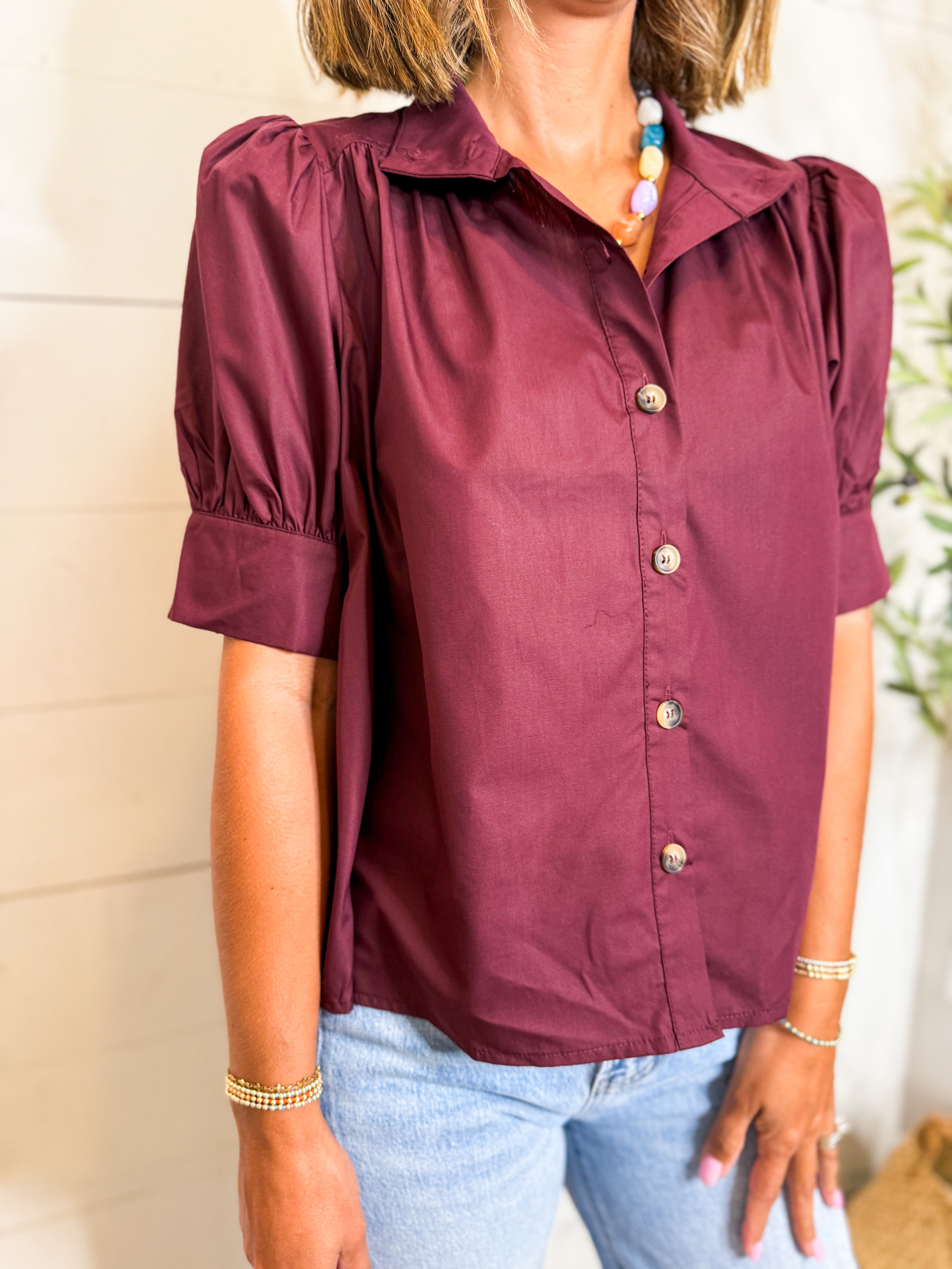 Solid Puff Sleeve Button Front Top