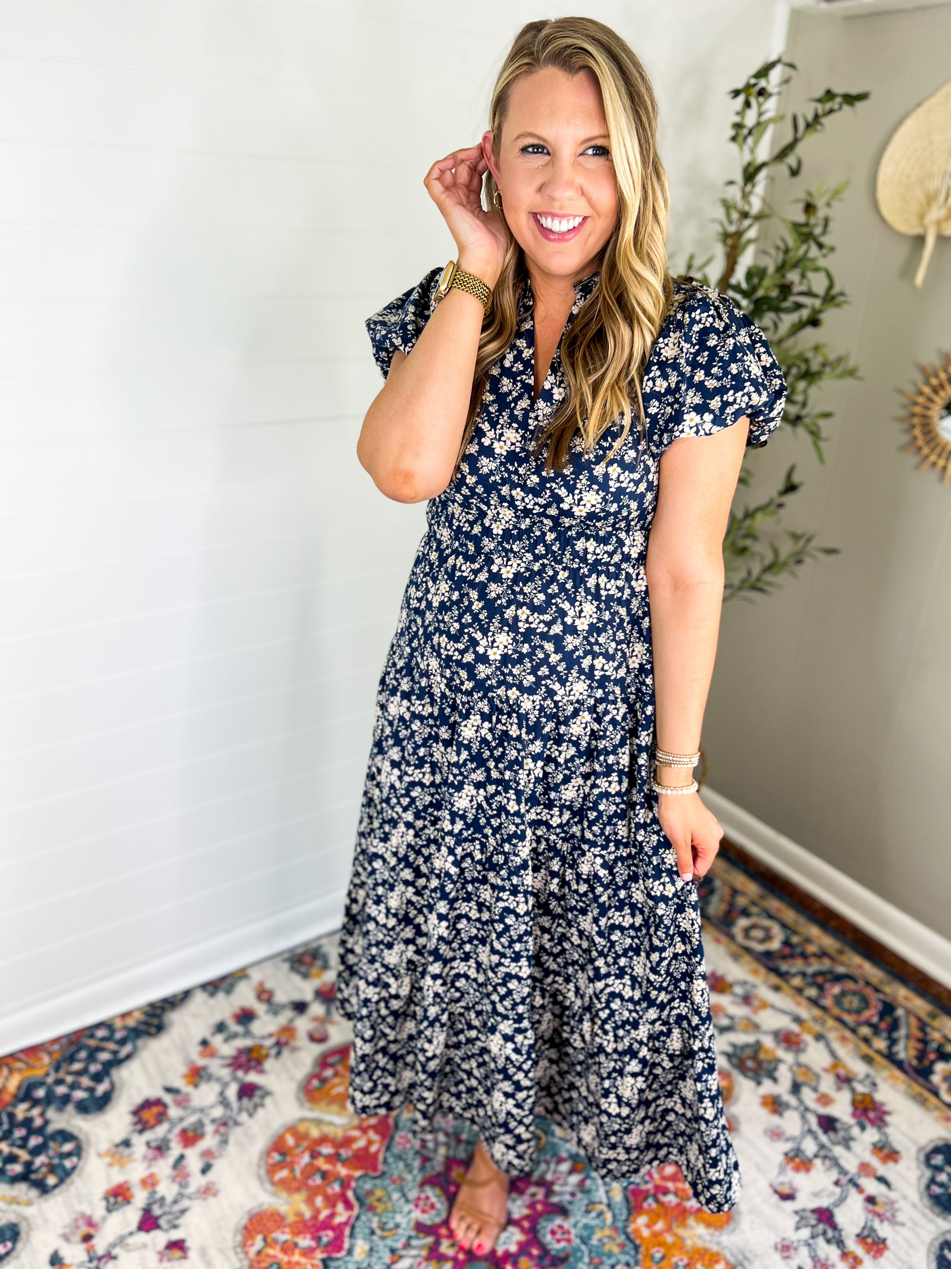 Micro Floral Navy Maxi Dress