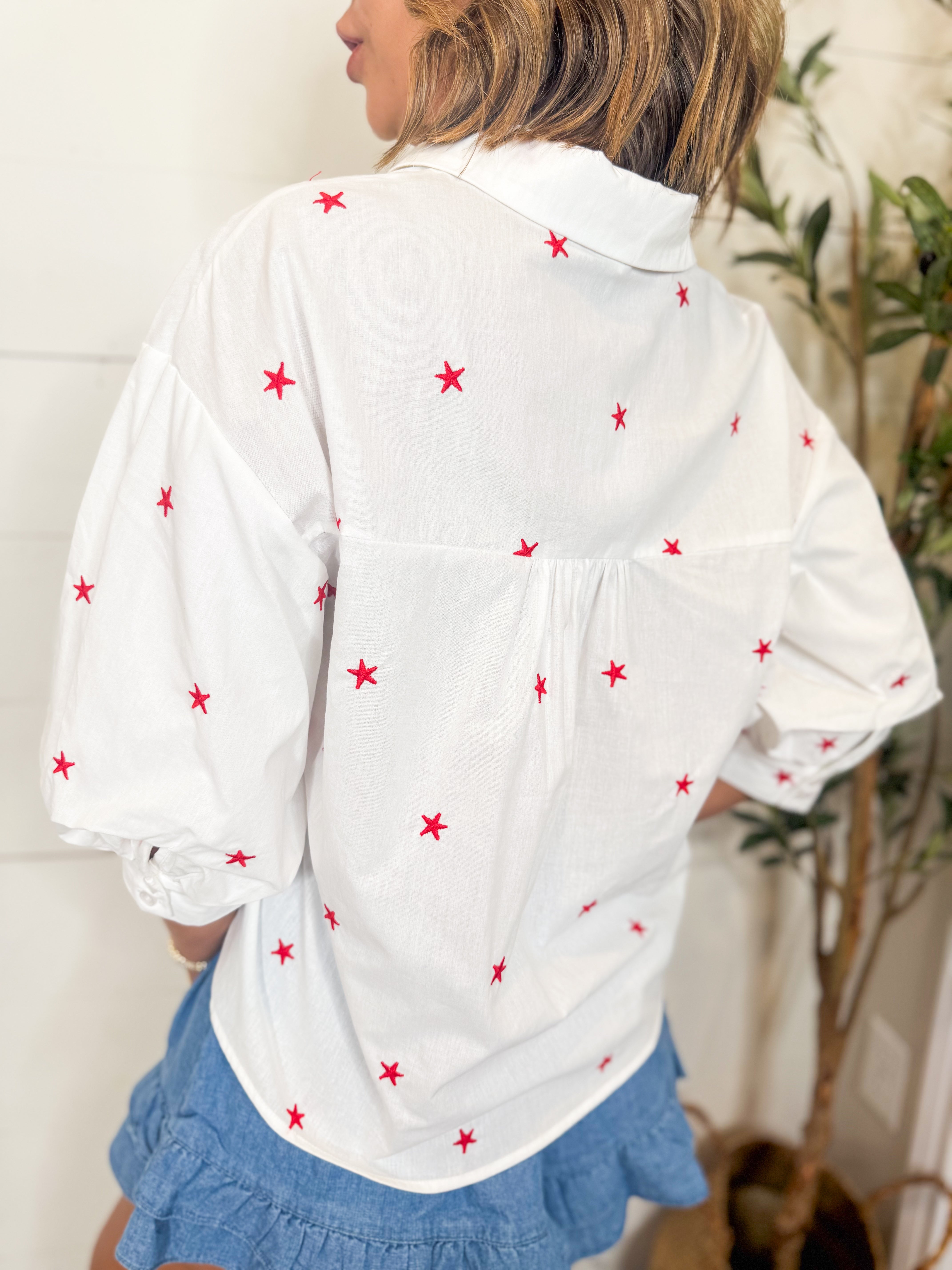 4th Of July Star Embroidered Button Down Shirt