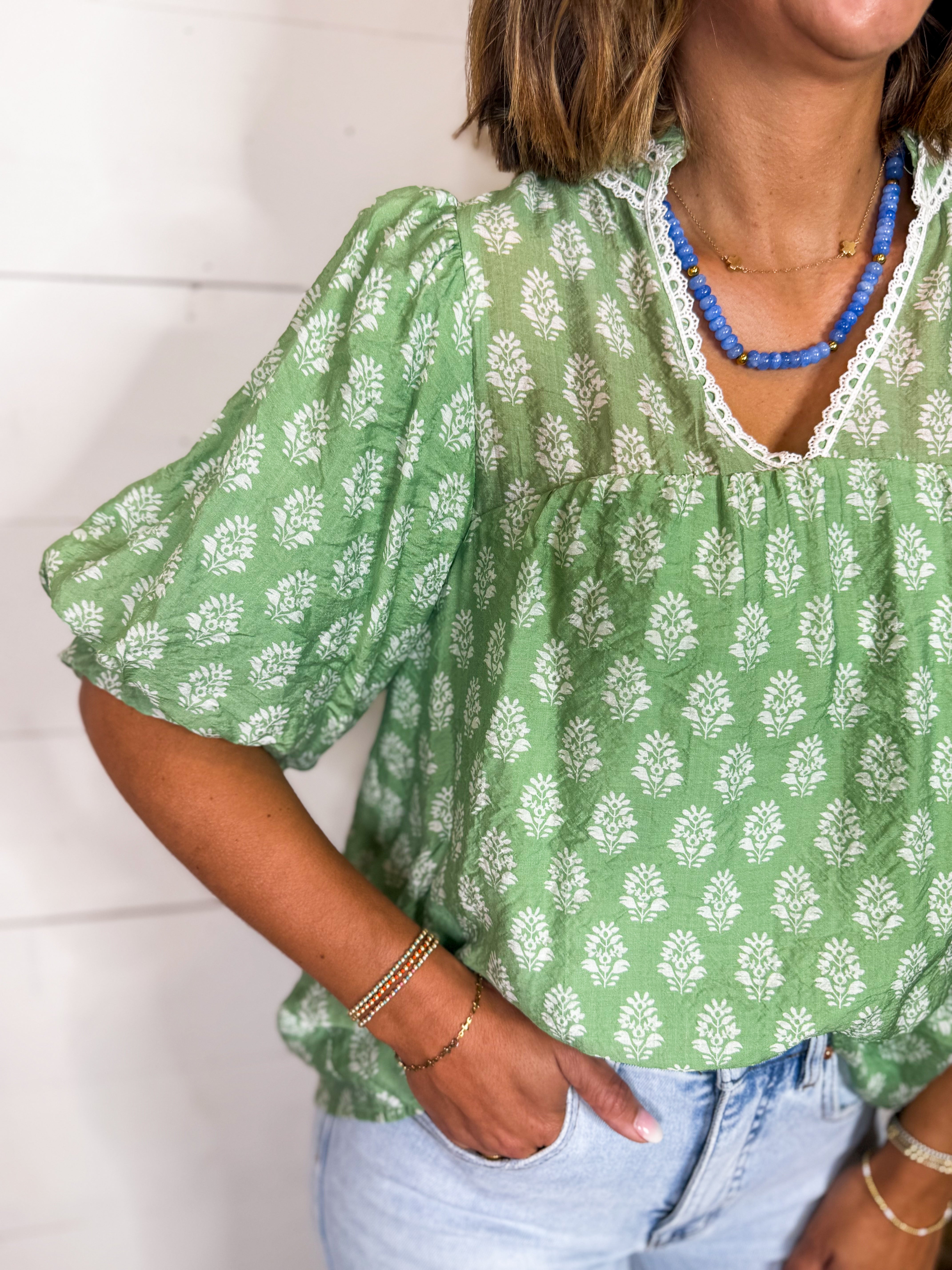Abstract Print Top With Lace Trim