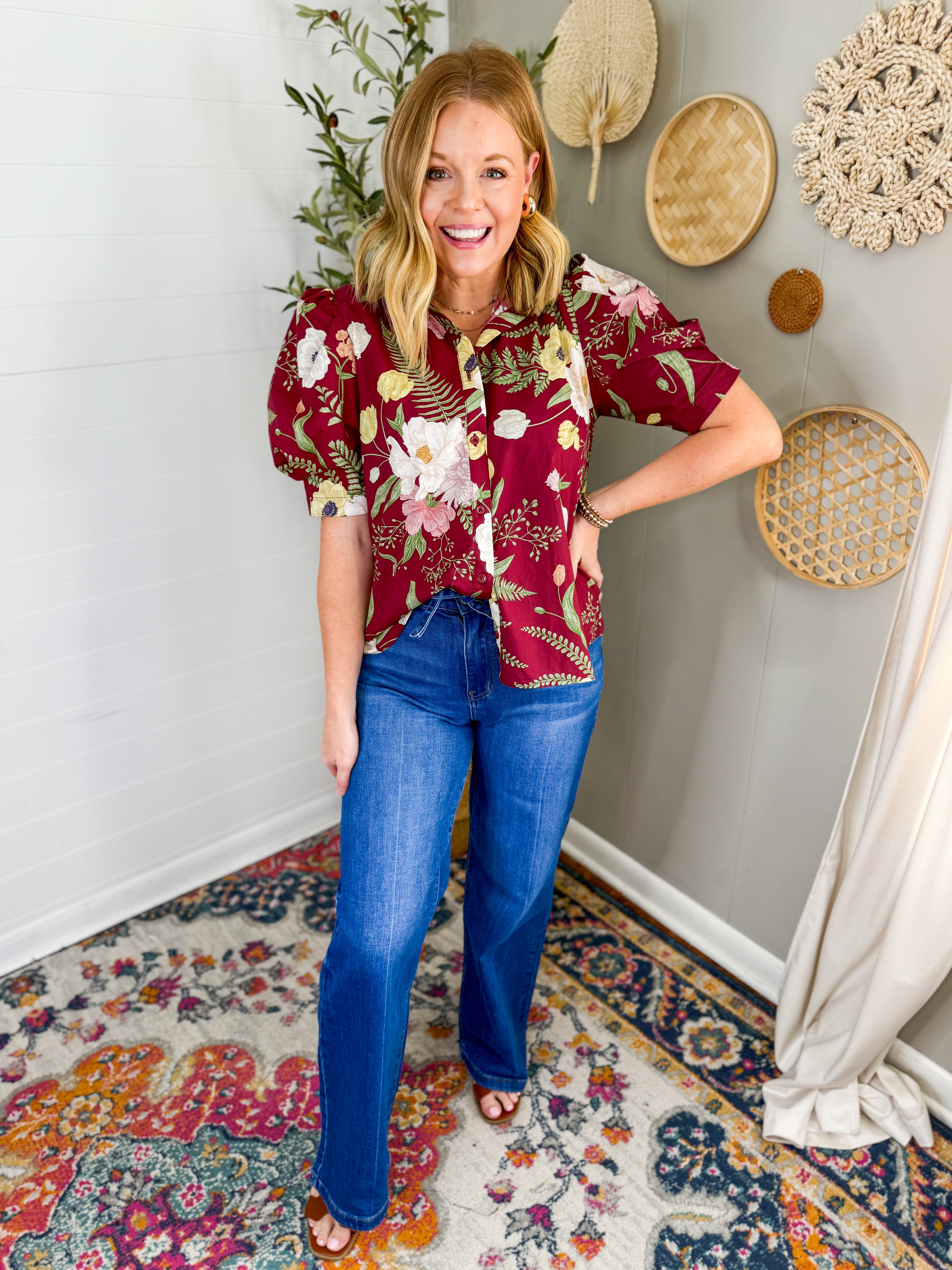 Ruffle Neck Short Sleeve Floral Print Blouse