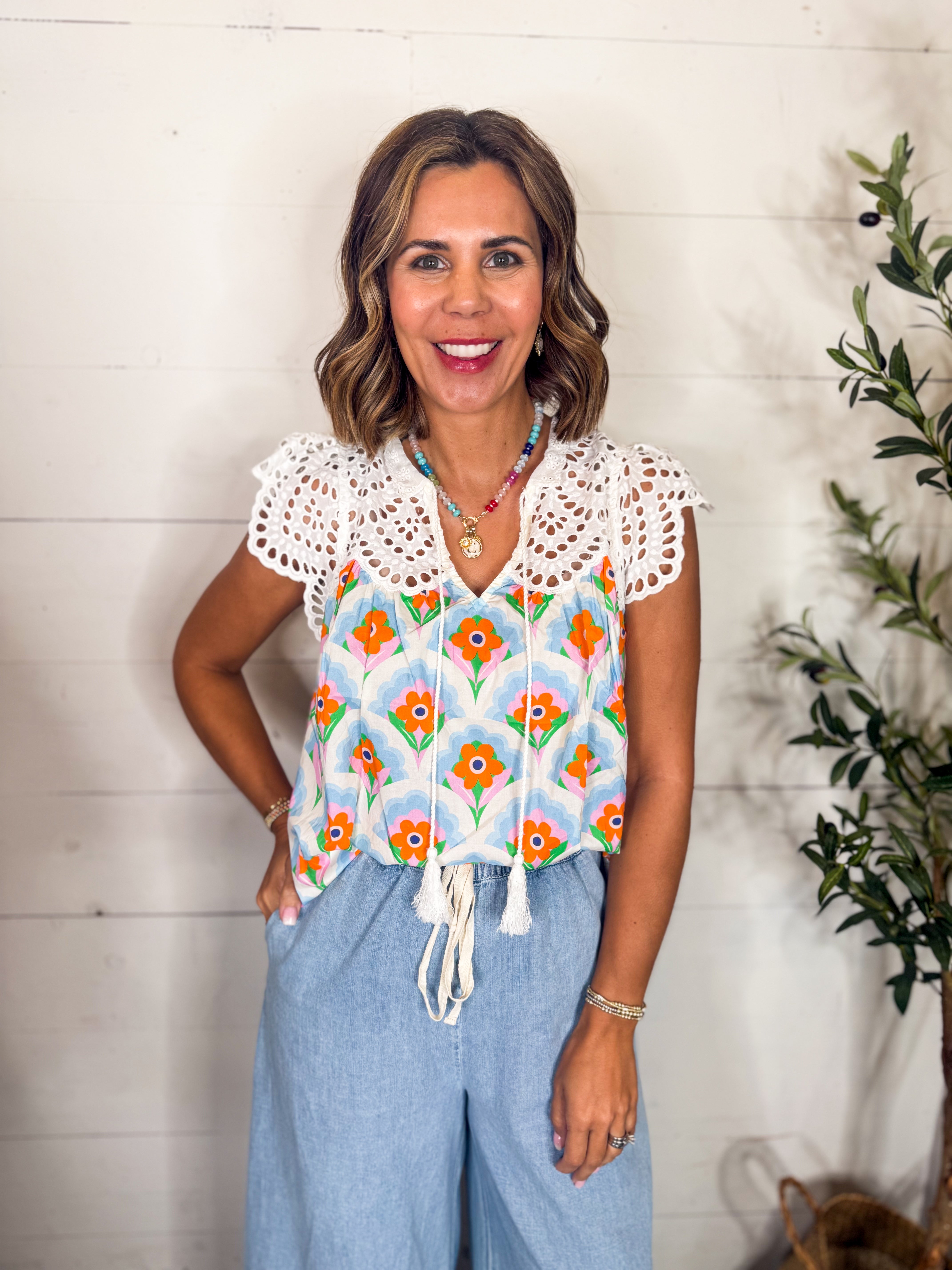 Floral Print Top With Eyelet Detail