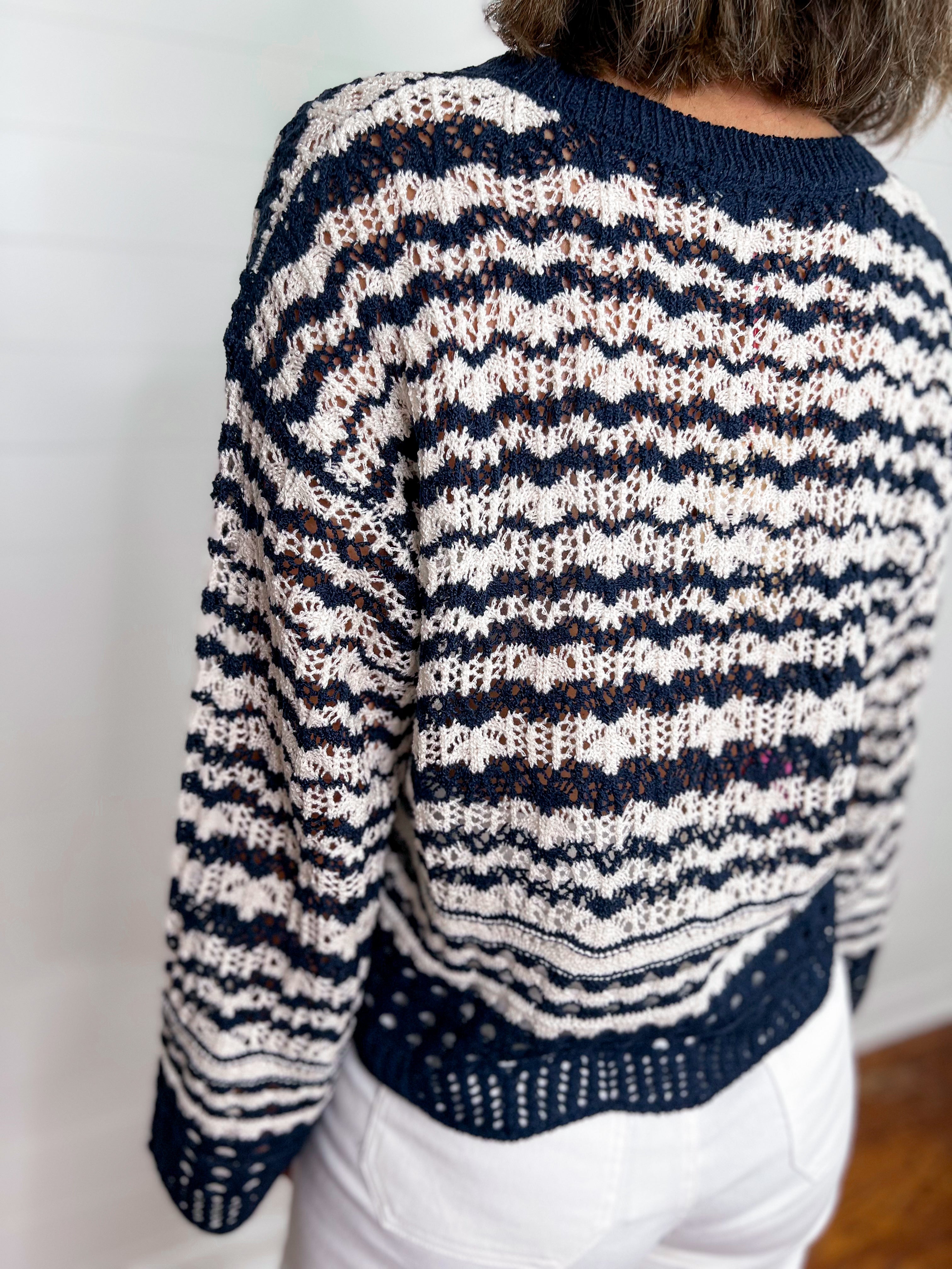 Striped Round Neck Crochet Sweater