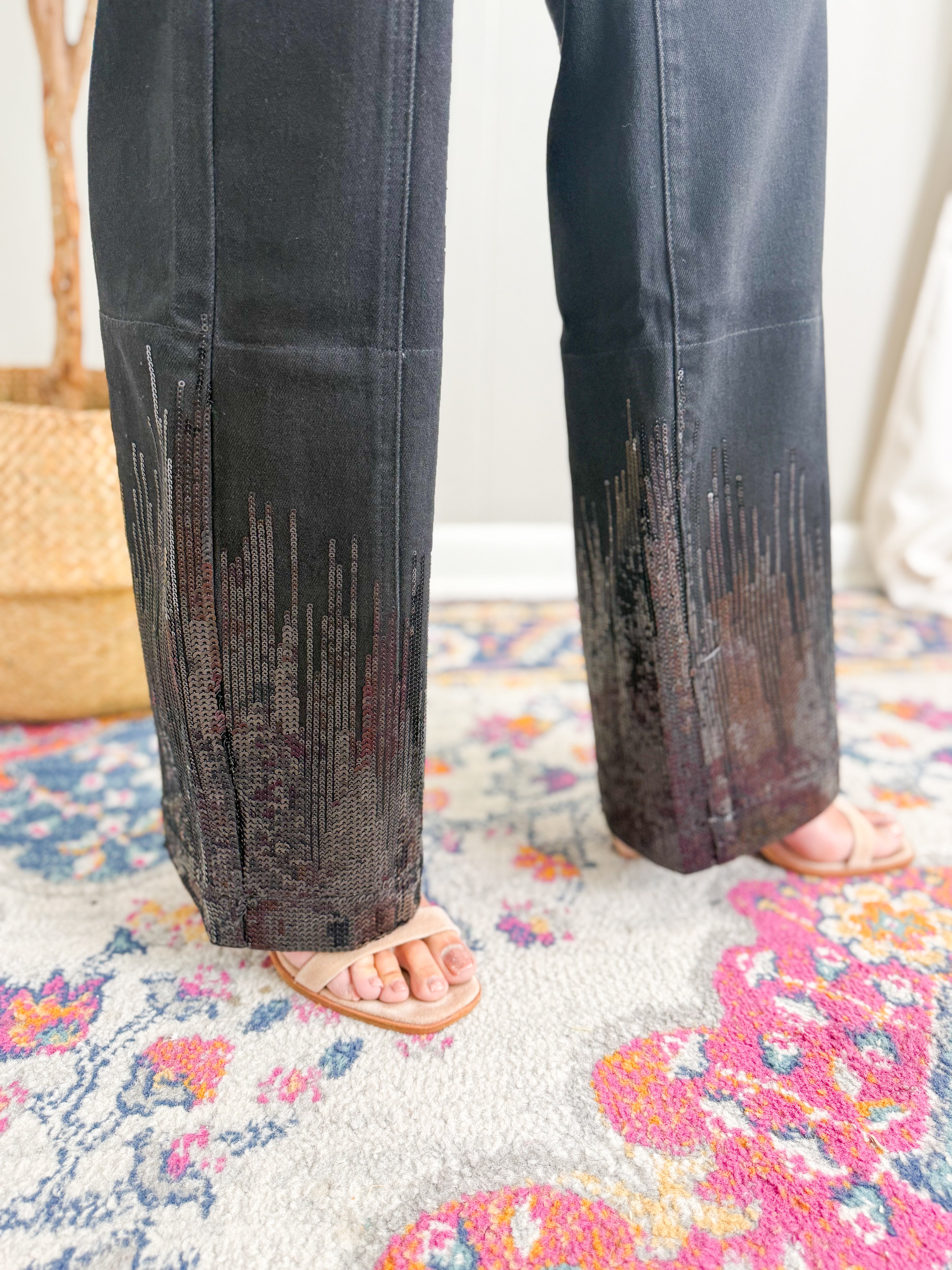 Bayeas Mid Rise Sequin Wide Leg Black Jean