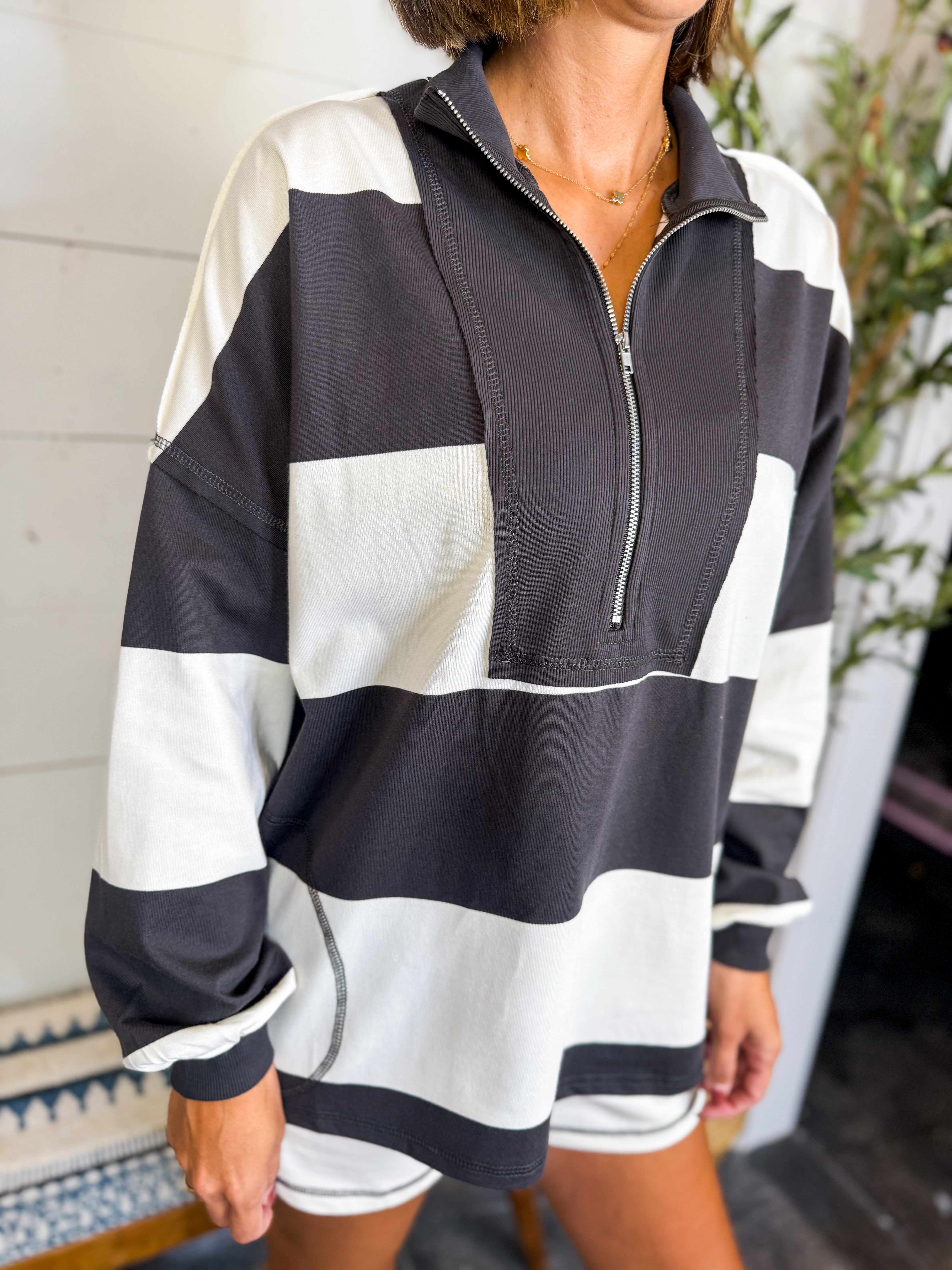 Wide Stripe Half Zip Long Sleeve Knit Top