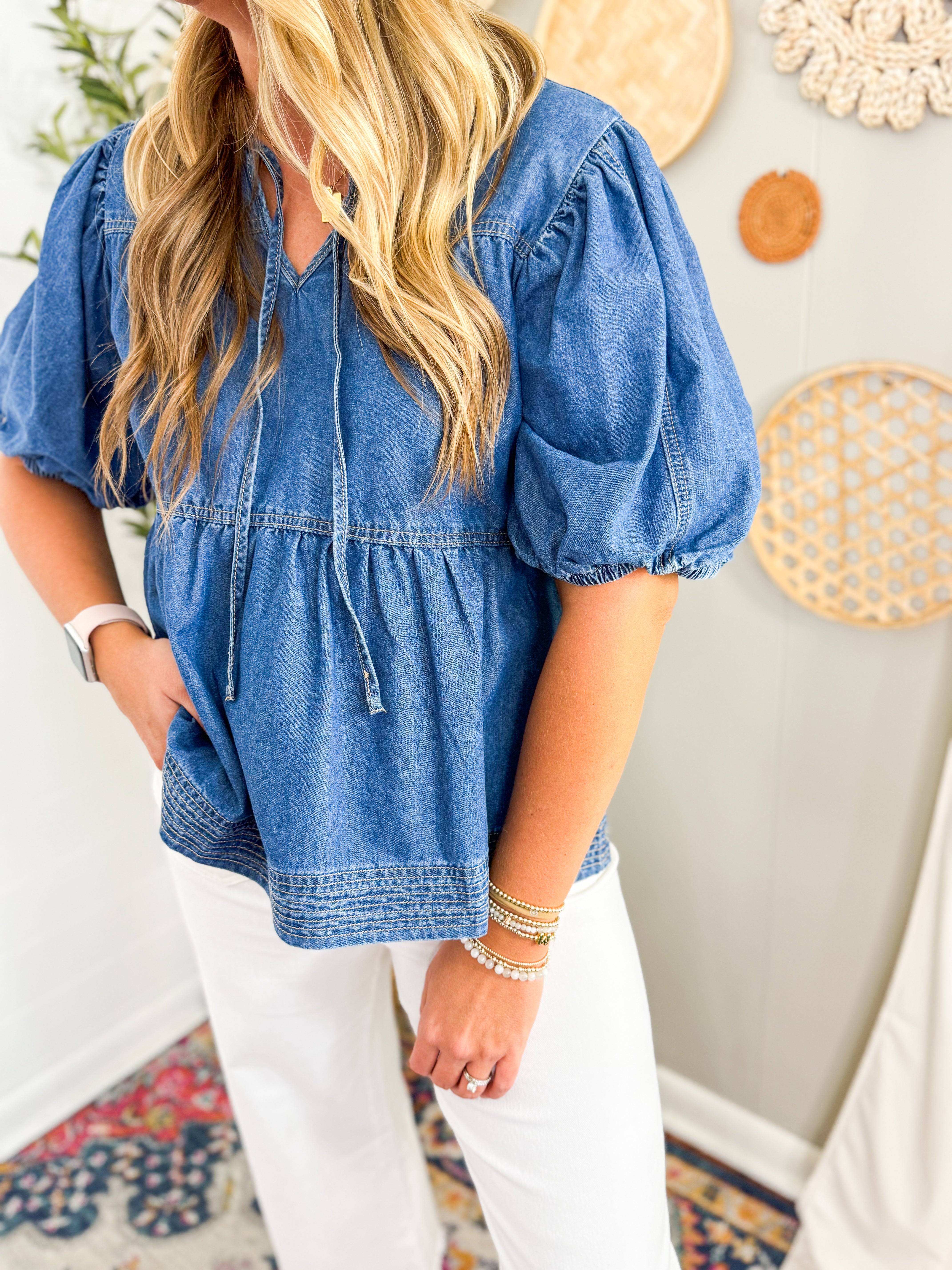 Soft Washed Denim Puff Sleeve Blouse