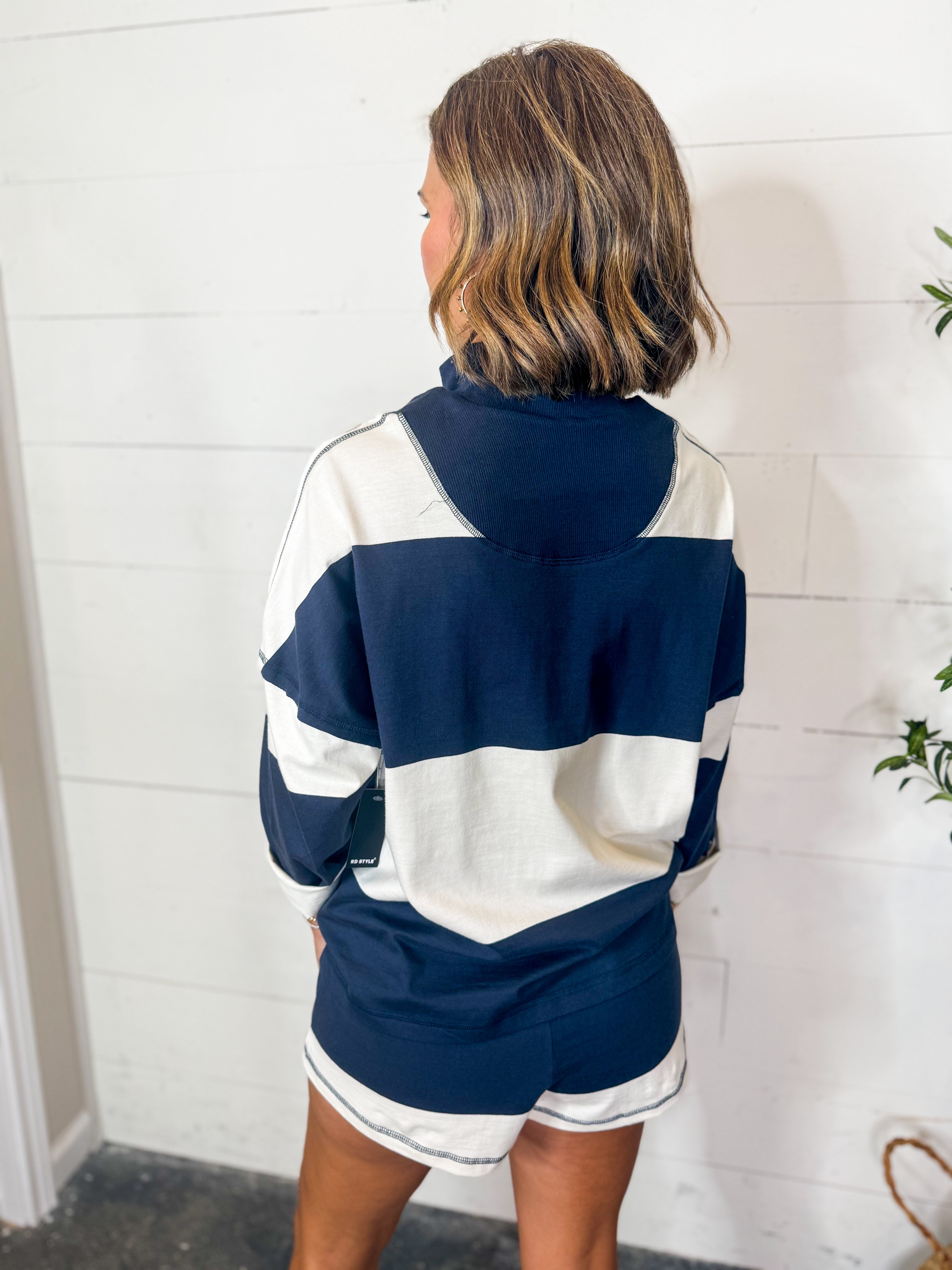RD Camille Stripe Heavy Jersey Long Sleeve Half Zip Top - Navy