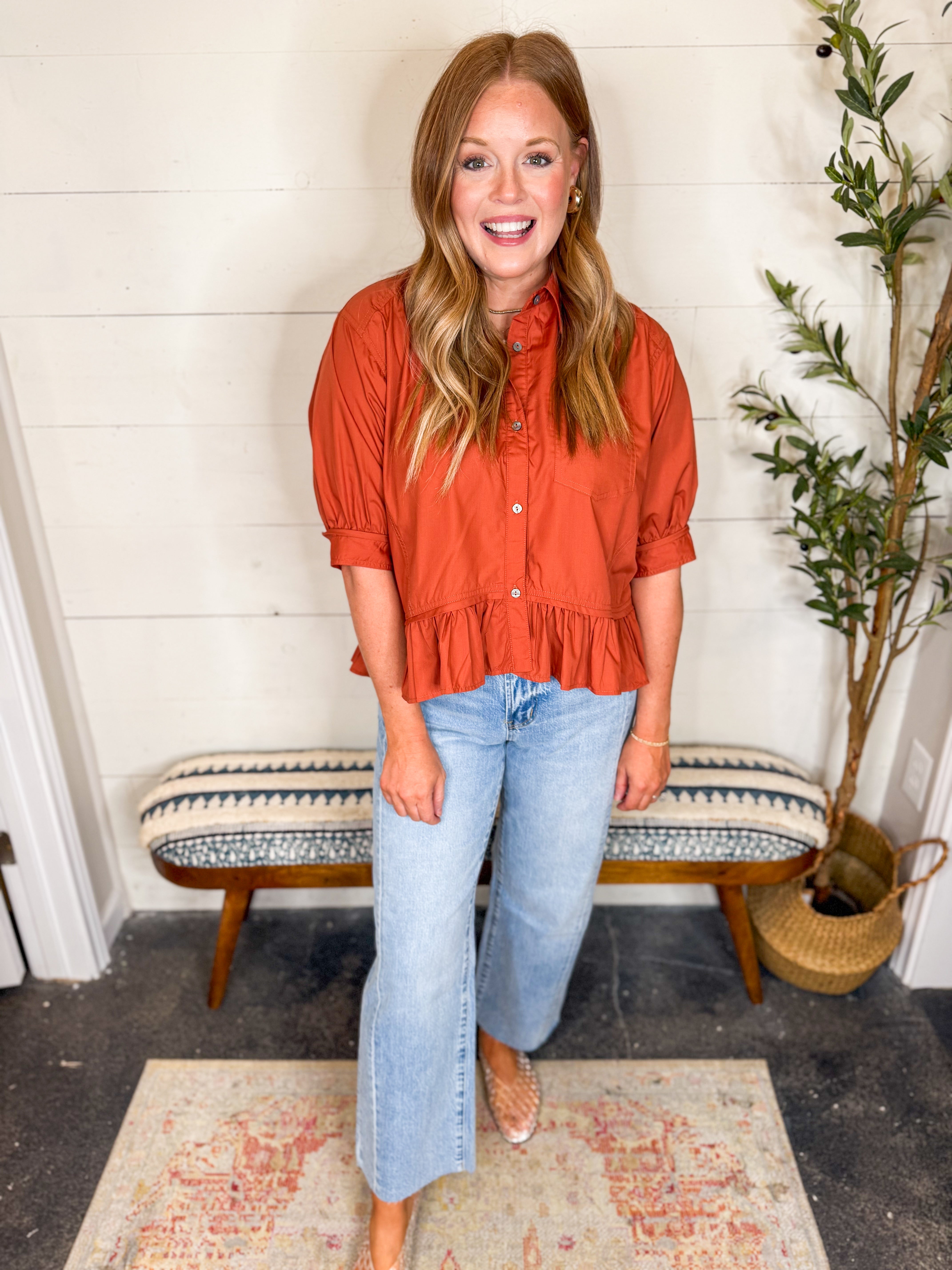 Short Sleeve Button Down With Ruffle Hem - Clay