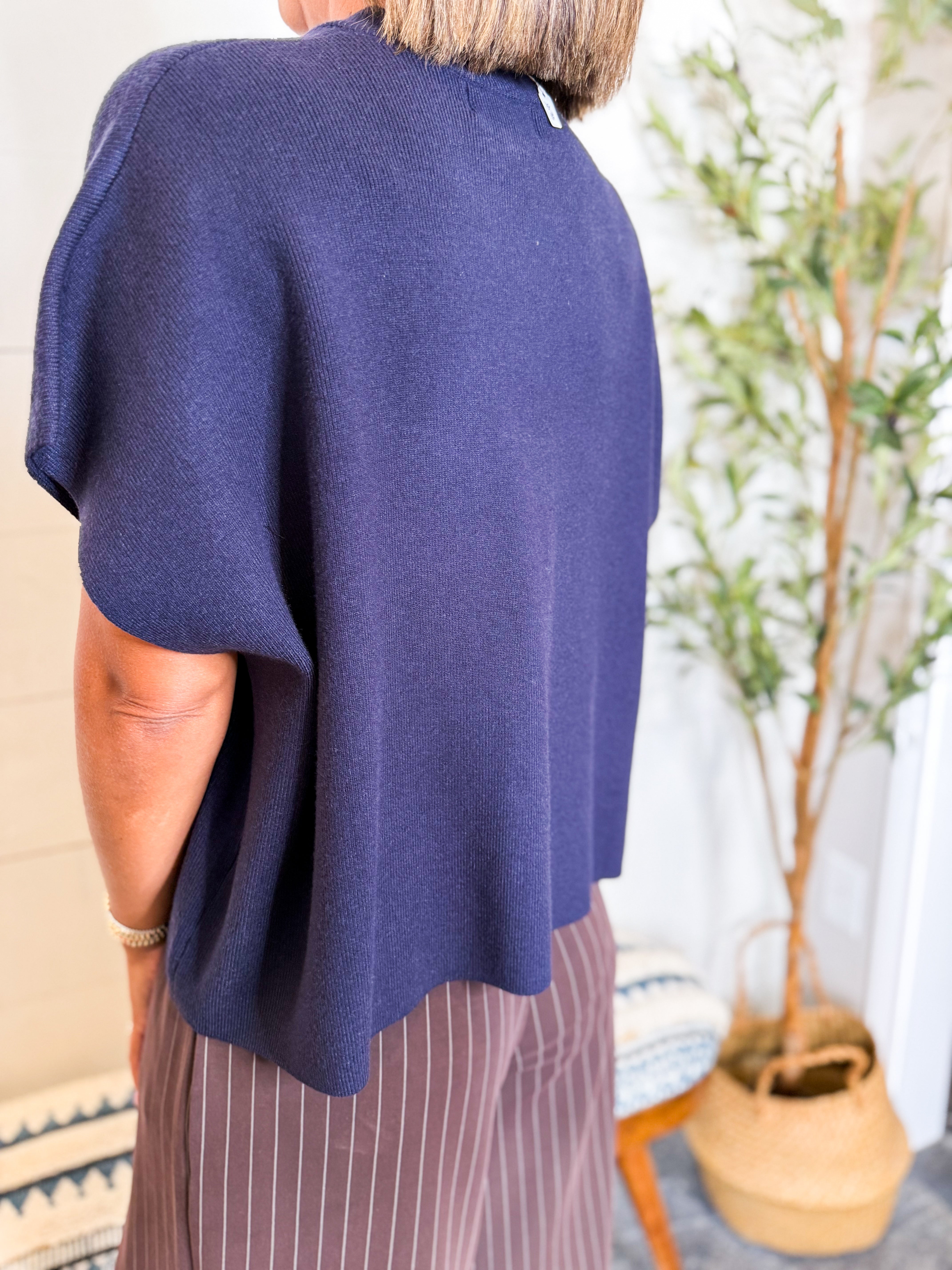Button Down Cap Sleeve Sweater-Navy