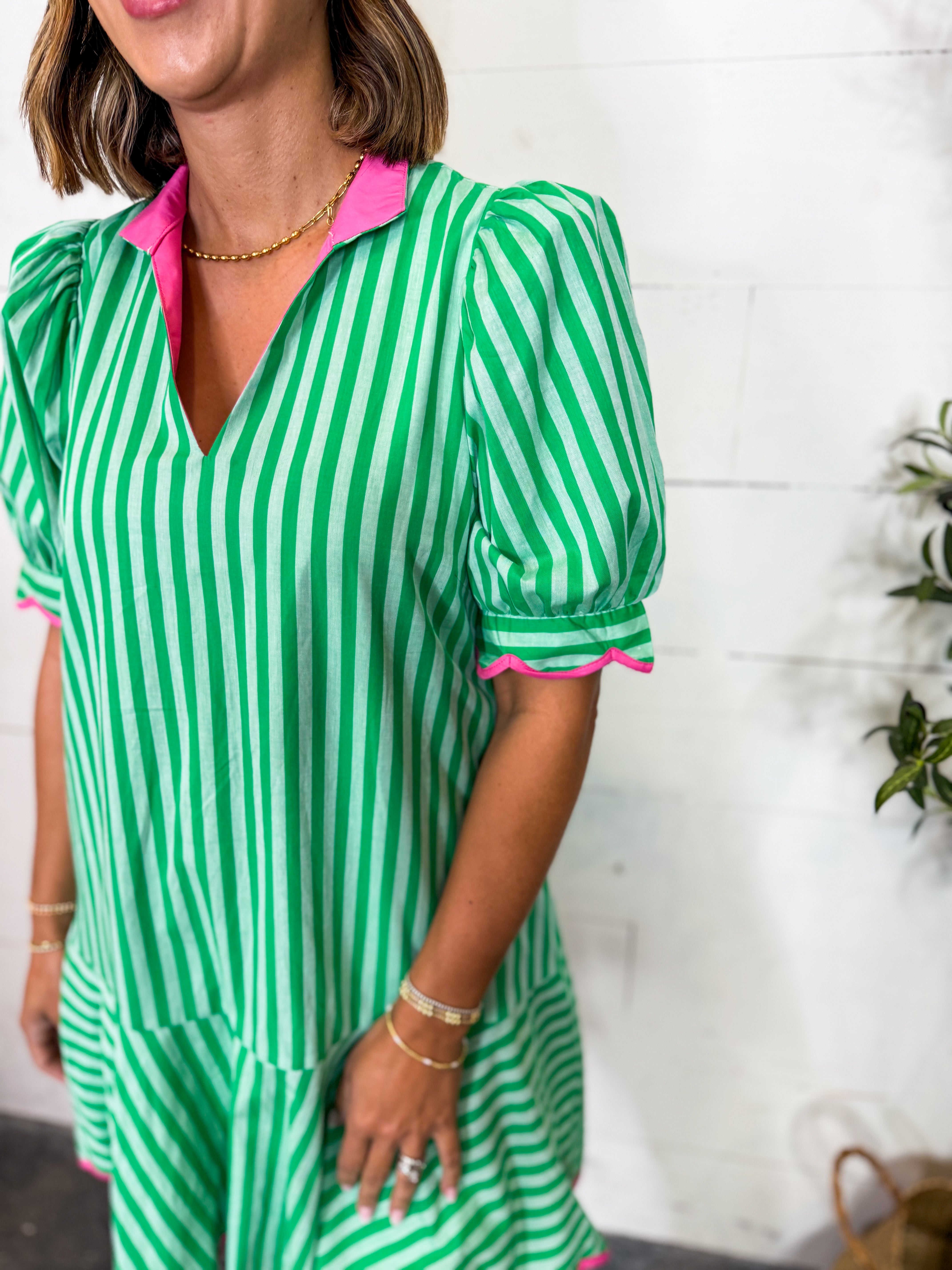 Green Mini Dress With Pink Scallop Trim Detail