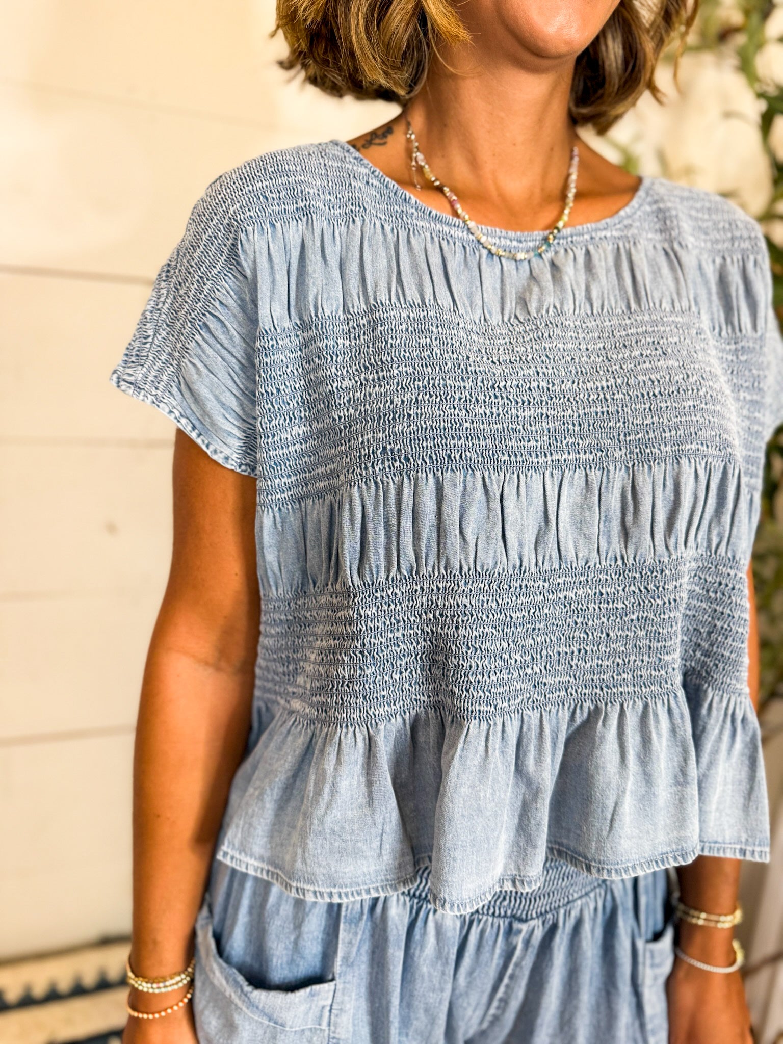 Mineral Washed Denim Smocked Cap Sleeve Top