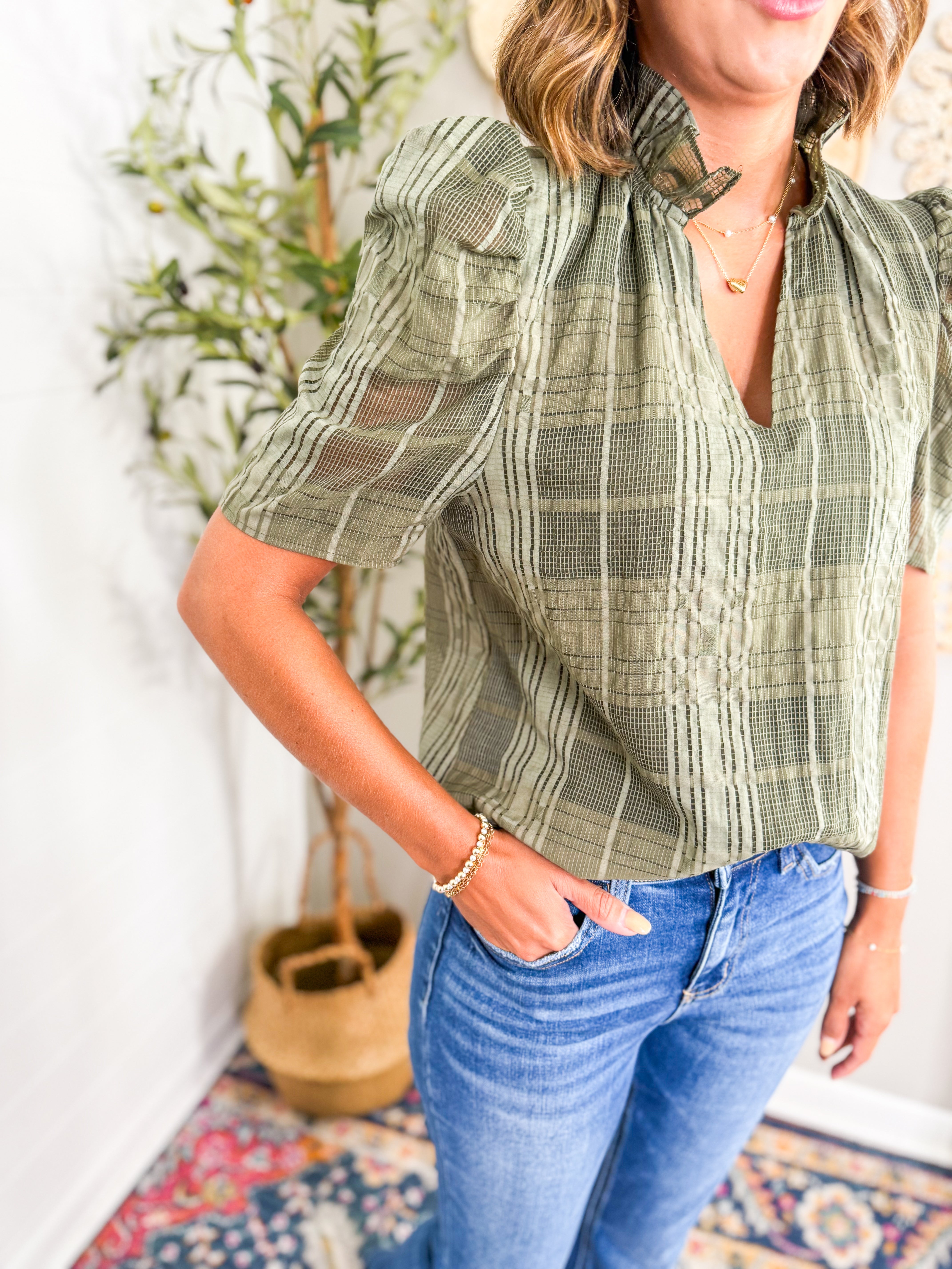 THML Short Sleeve Gingham Top