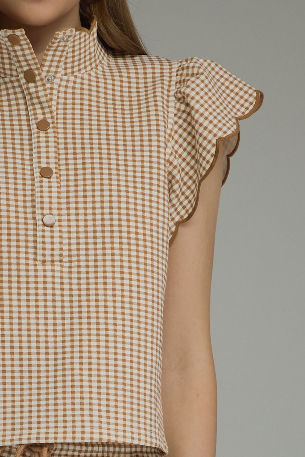Gingham Knit Top With Ruffle Scalloped Sleeves