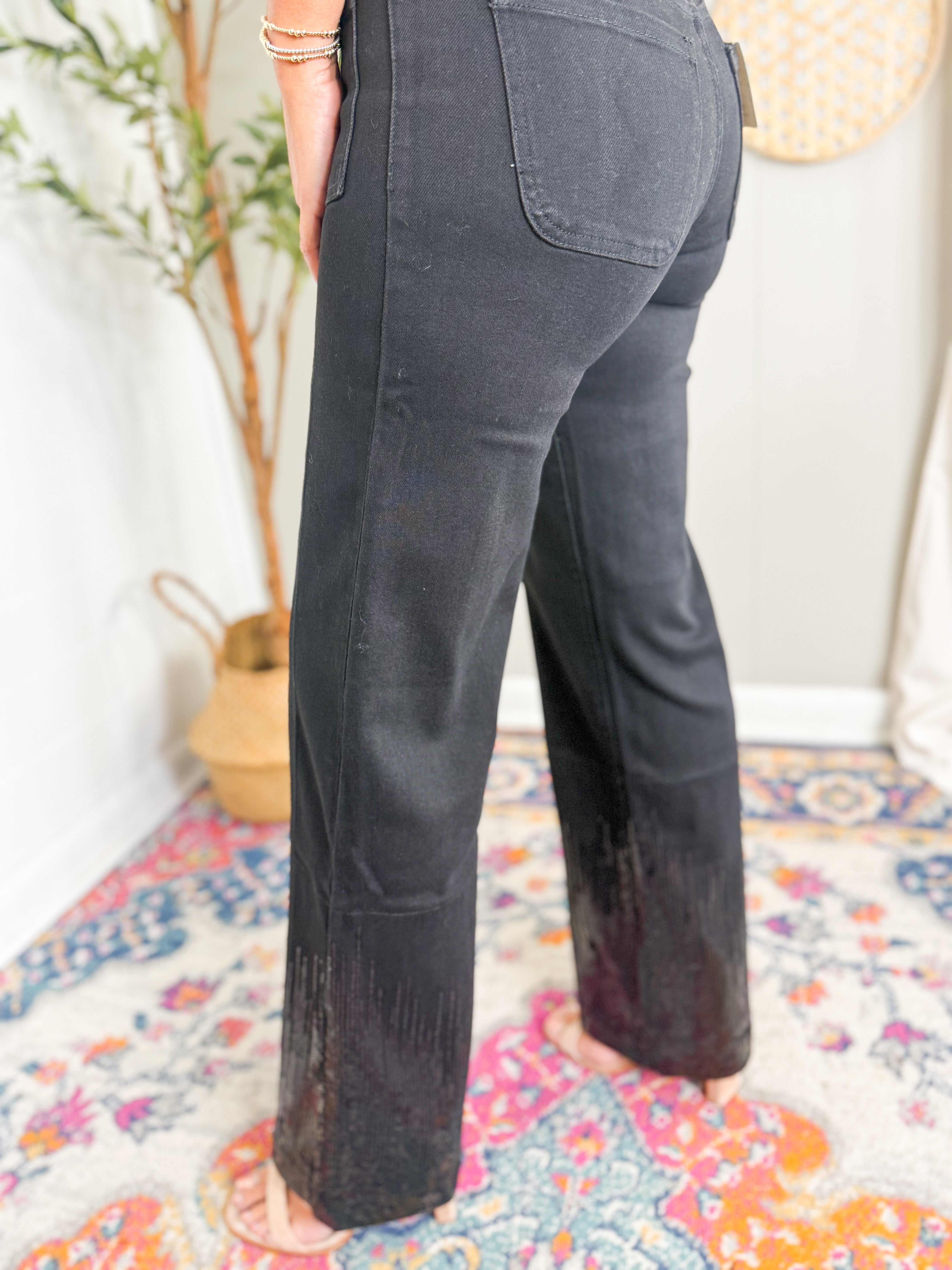 Bayeas Mid Rise Sequin Wide Leg Black Jean