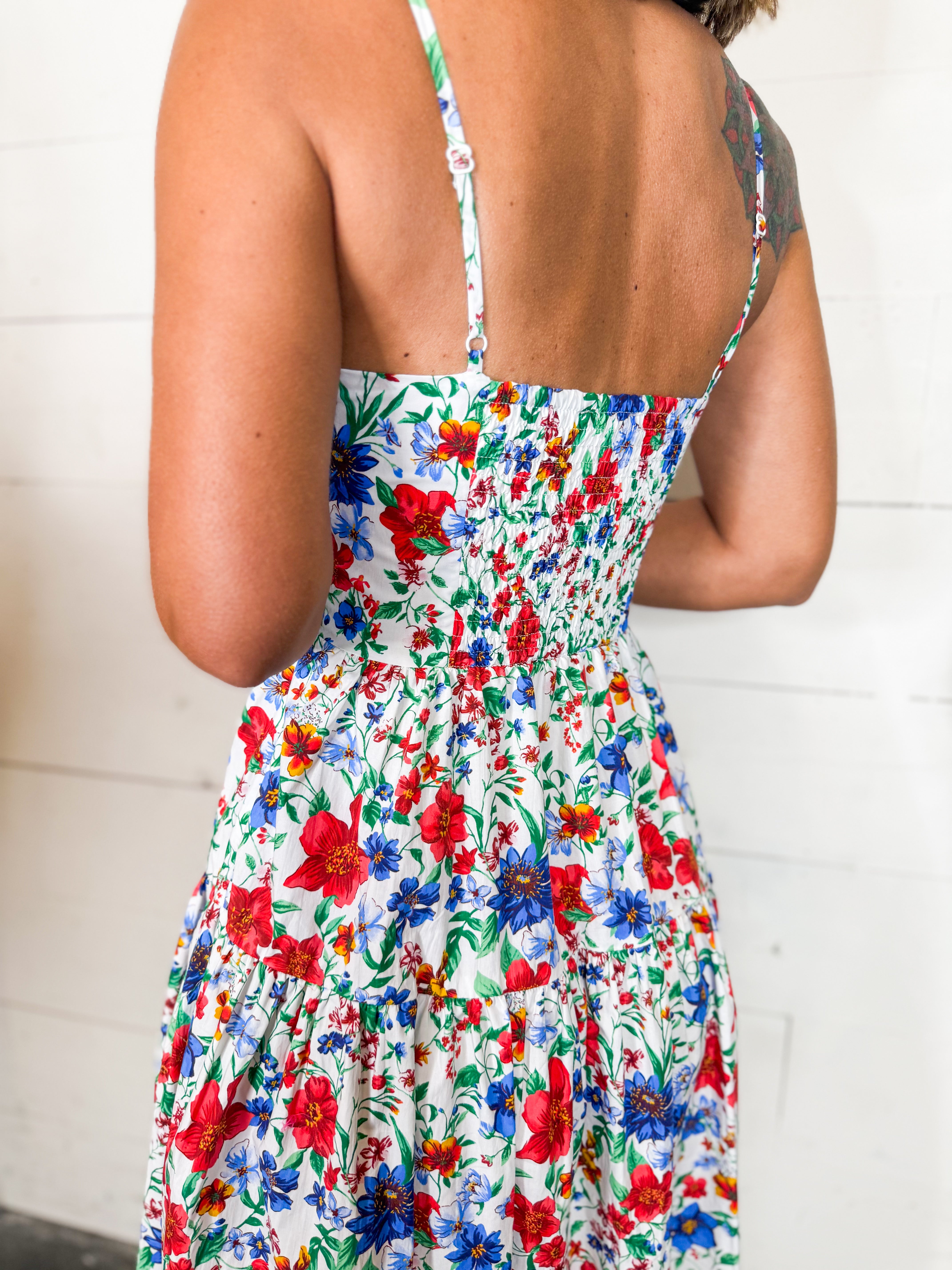 Smocked Floral Print Maxi Dress