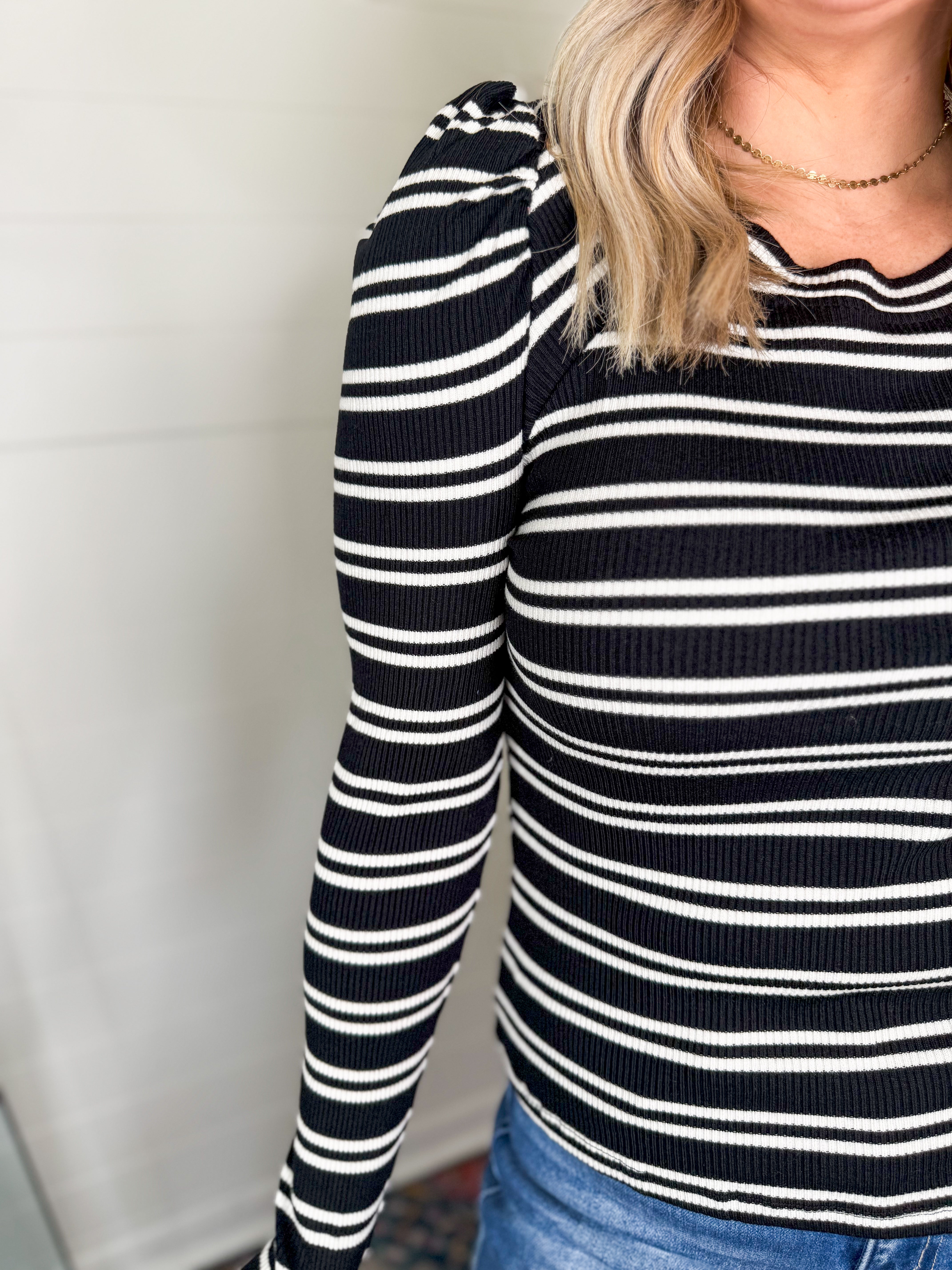 Puff Shoulder Long Sleeve Striped Knit Top