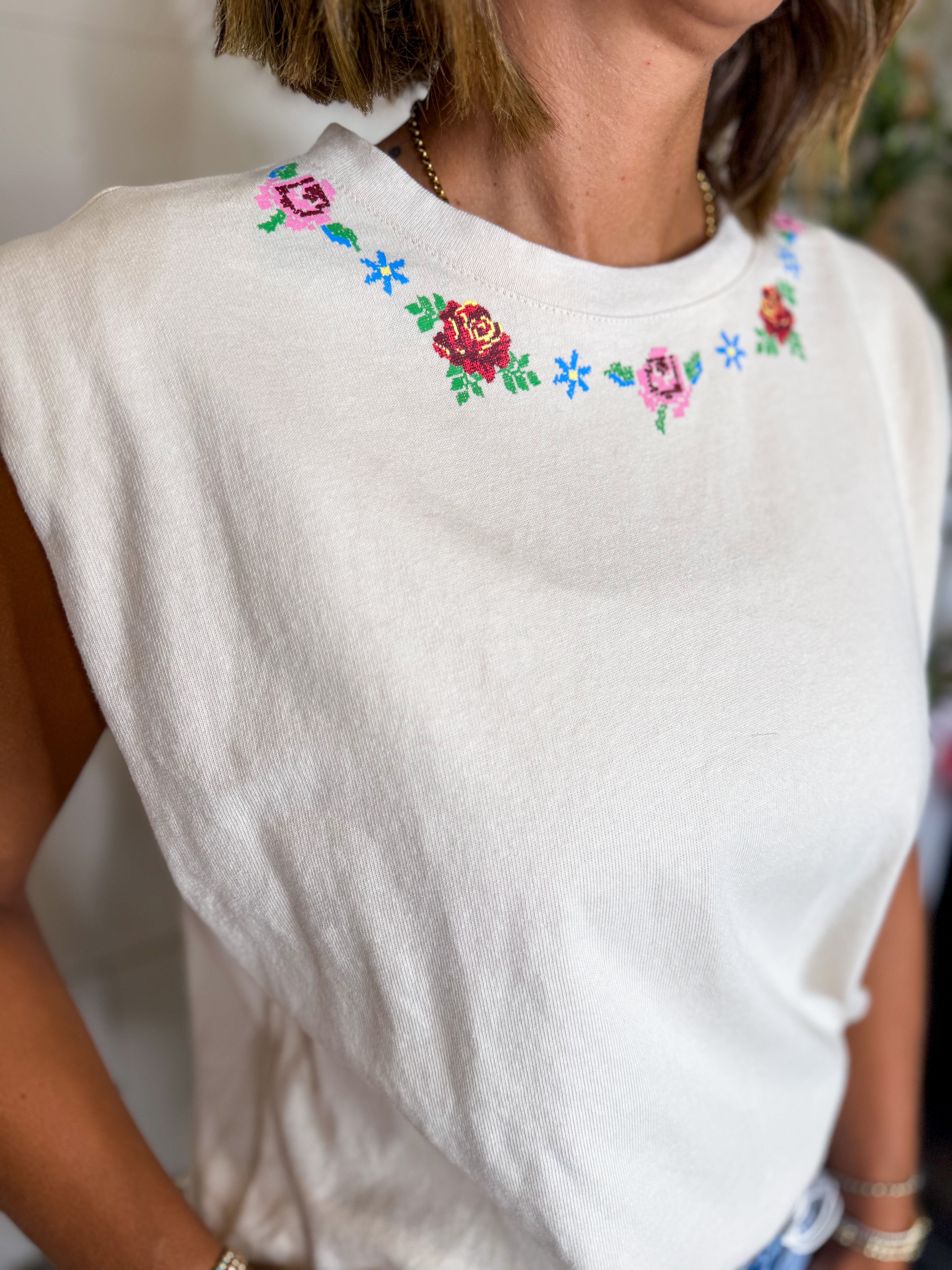 Mineral Washed Round Floral Neck Top