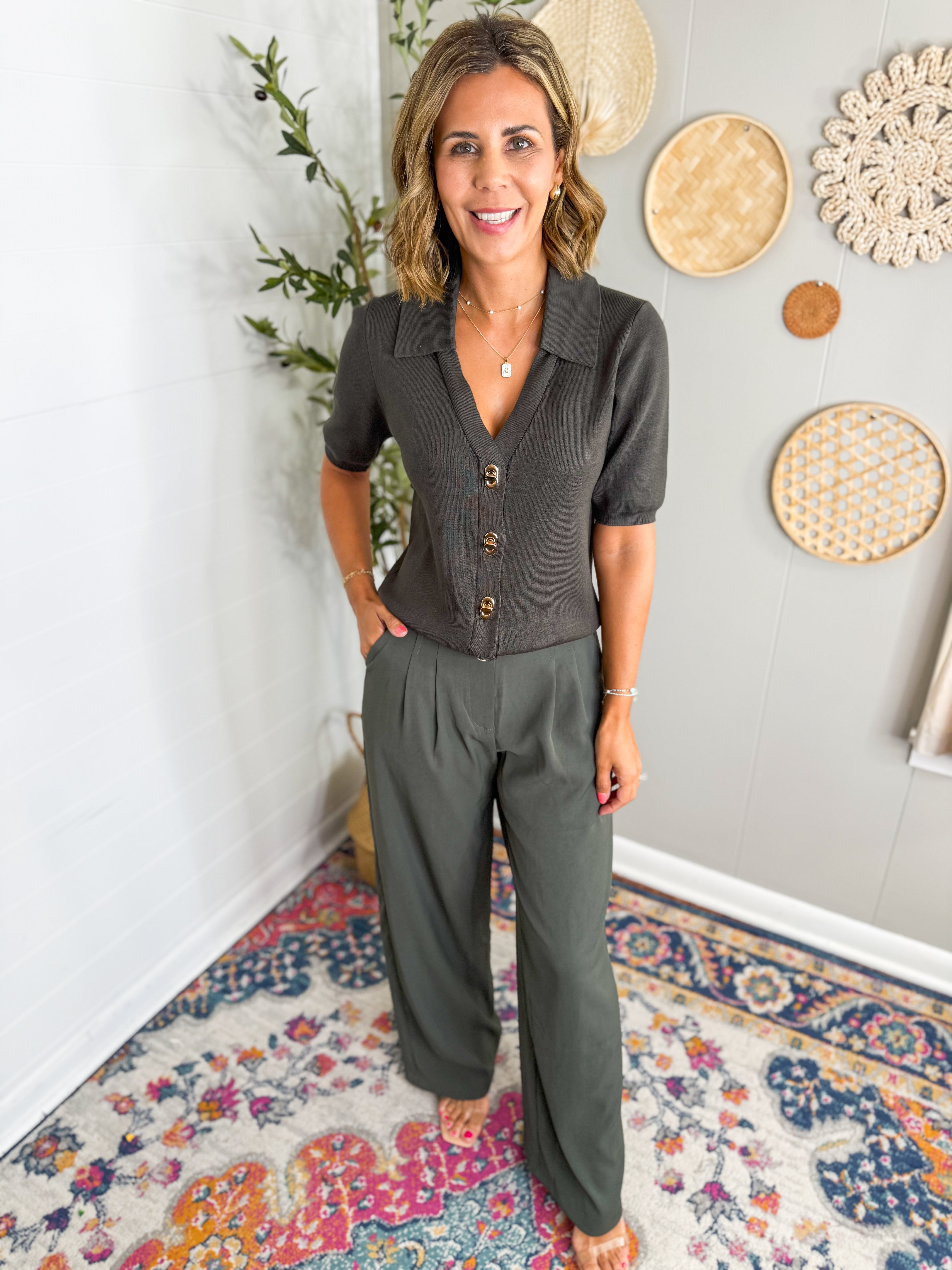 Olive Collar Short Sleeve Top