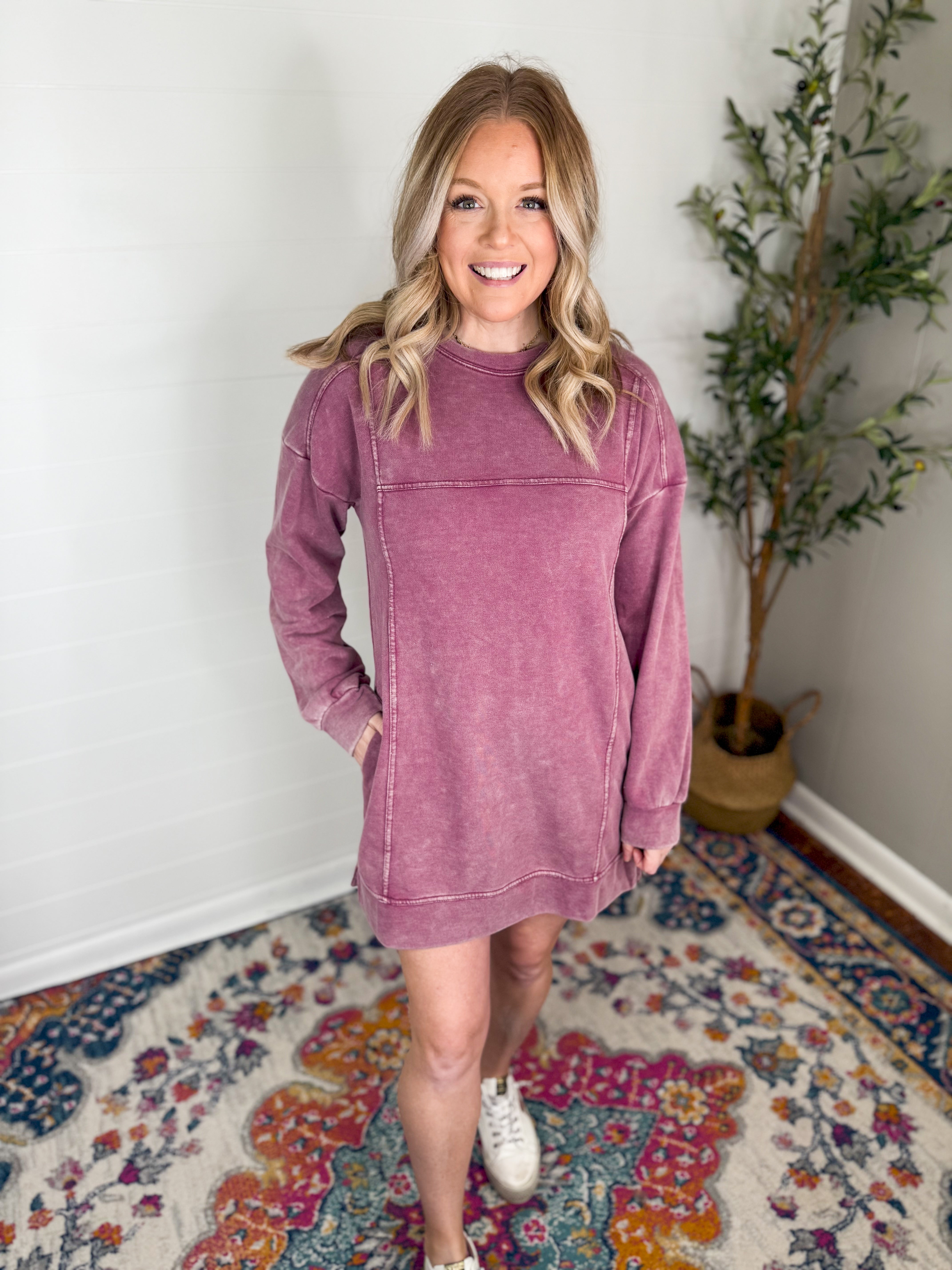 Mineral Washed Oversized Knit Sweatshirt Mini Dress