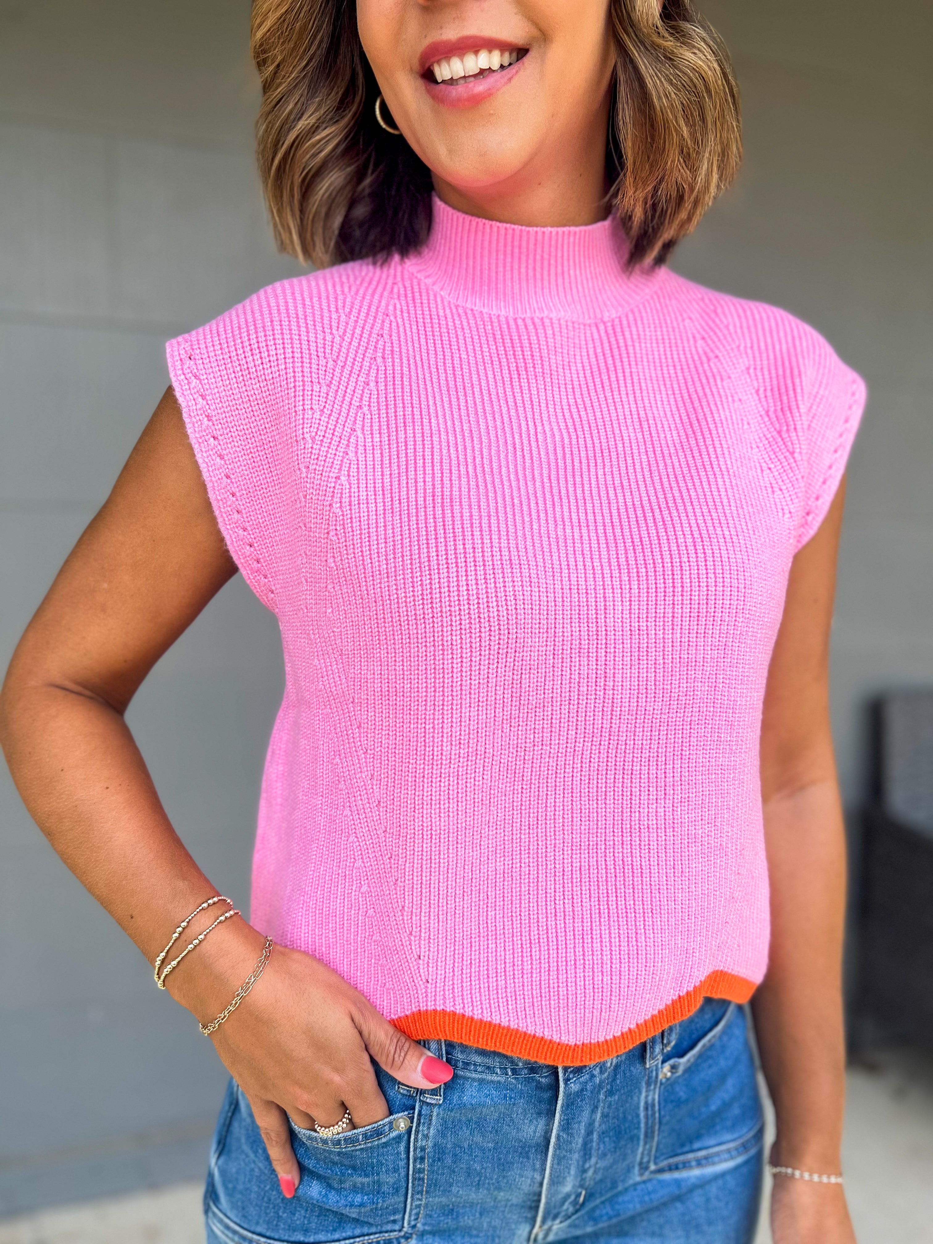 Mock Neck Short Sleeve Sweater with Scallop Trim