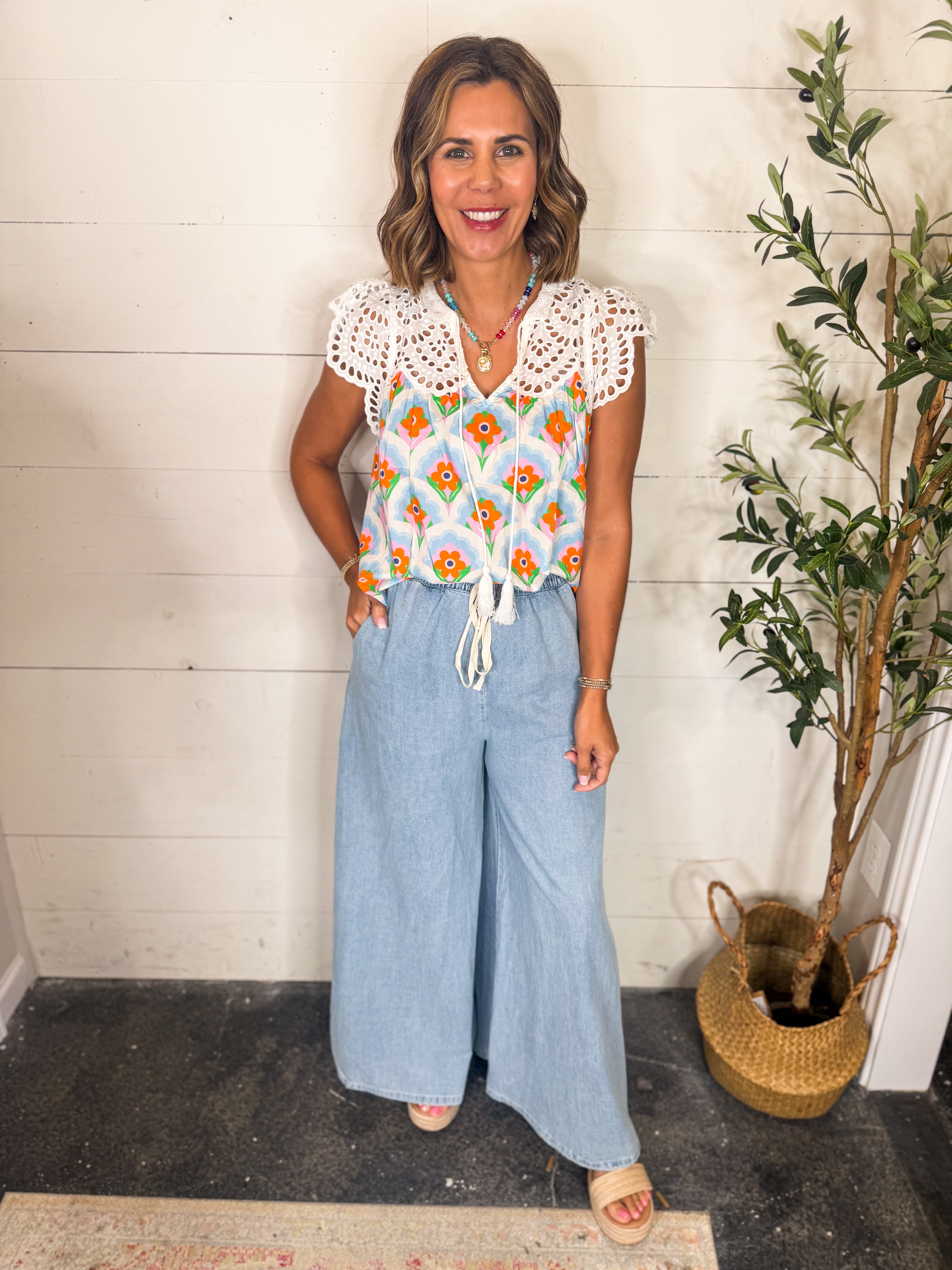 Floral Print Top With Eyelet Detail