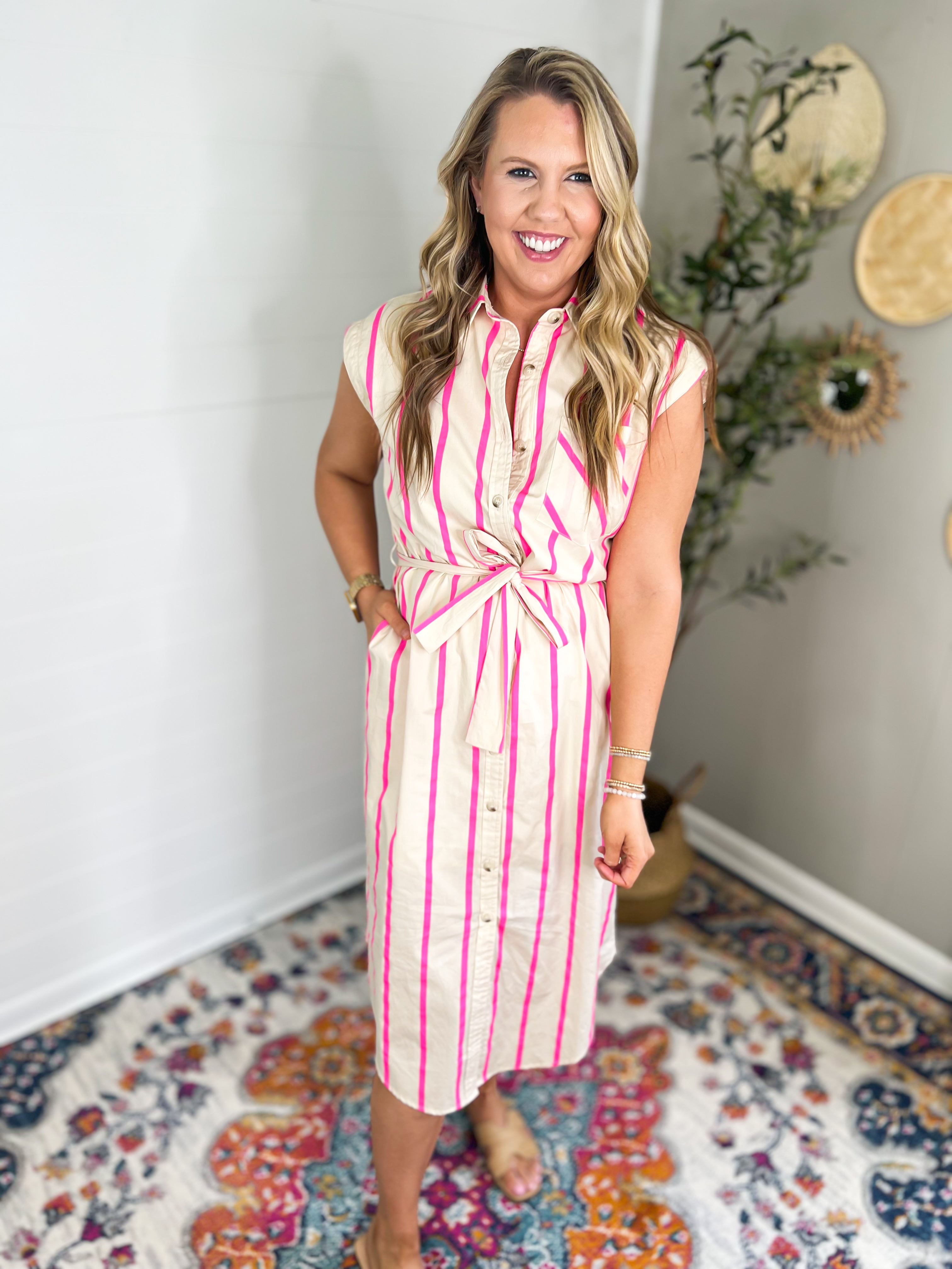 Pink Striped Button Front Cap Sleeve Shirt Dress Midi