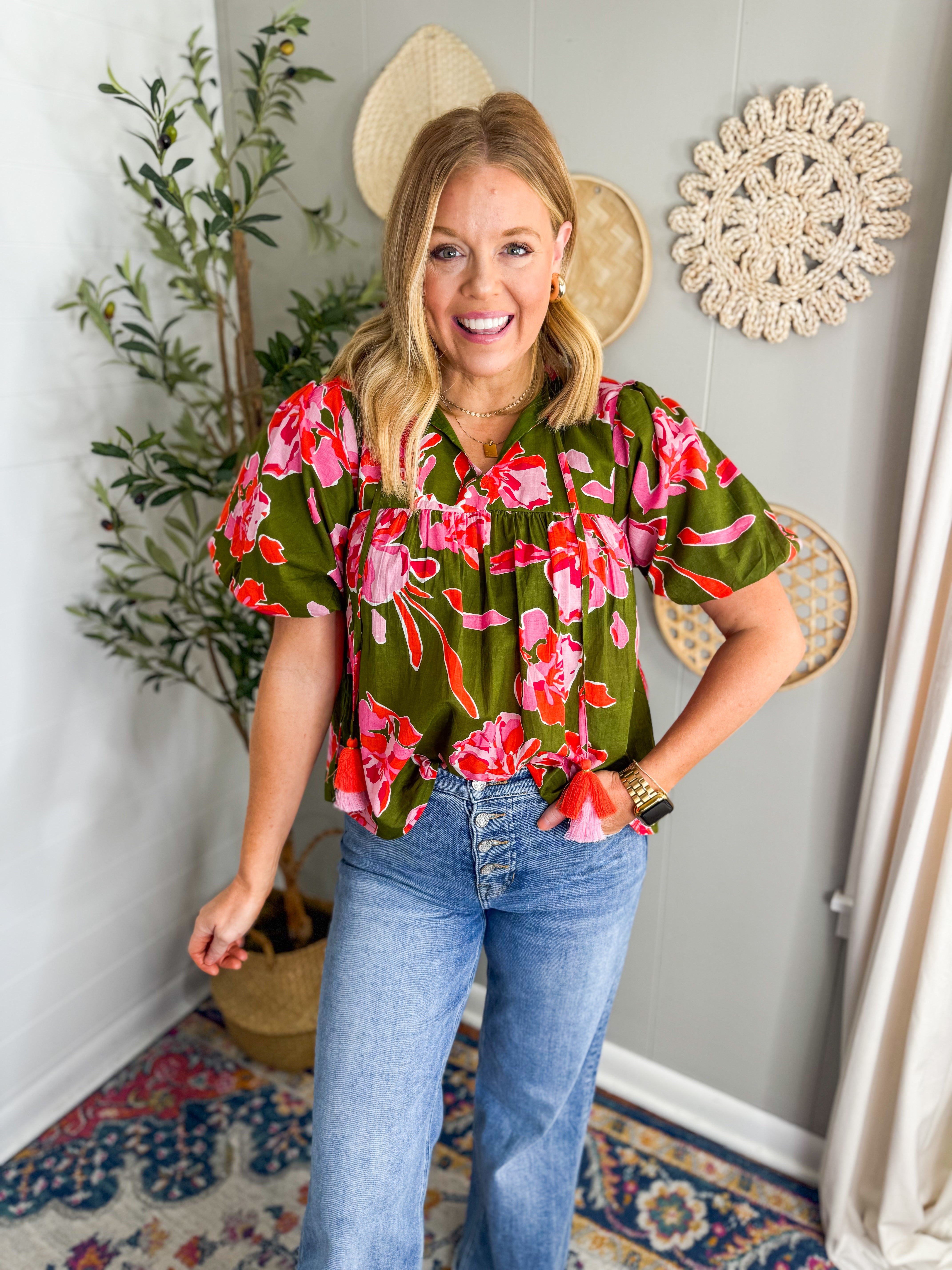 THML Puff Sleeve Flower Top