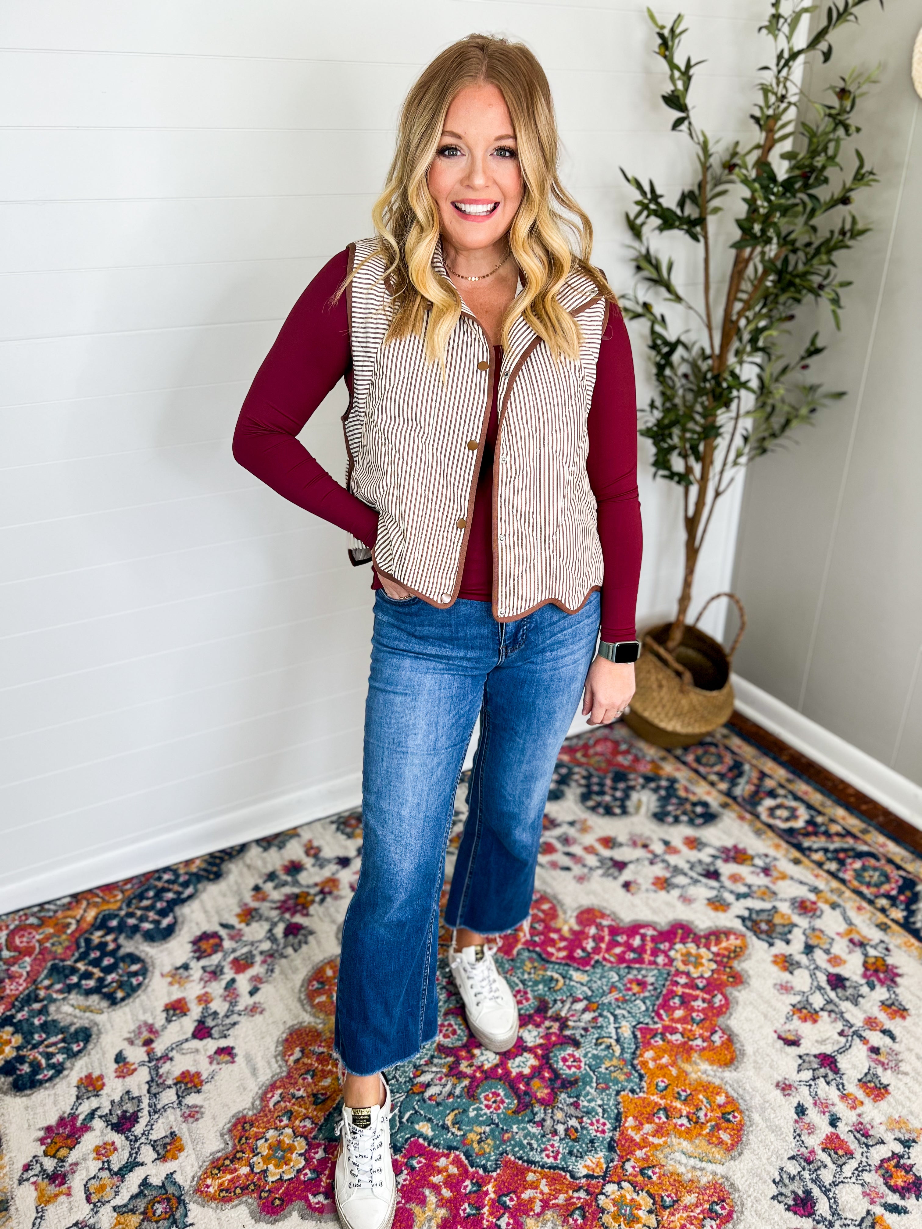 Tan Striped Scalloped Vest