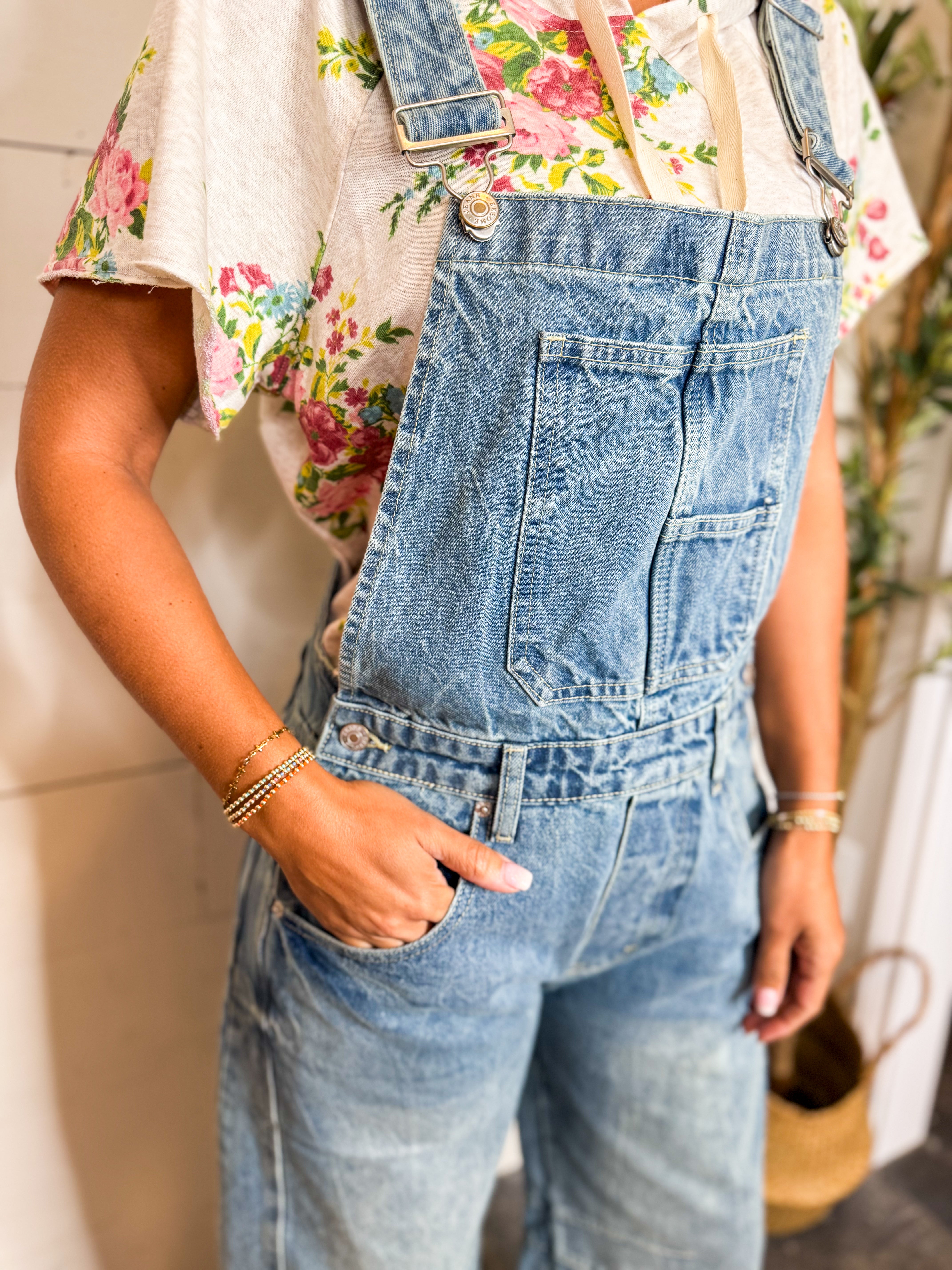 Mineral Washed Barrel Leg Denim Overalls