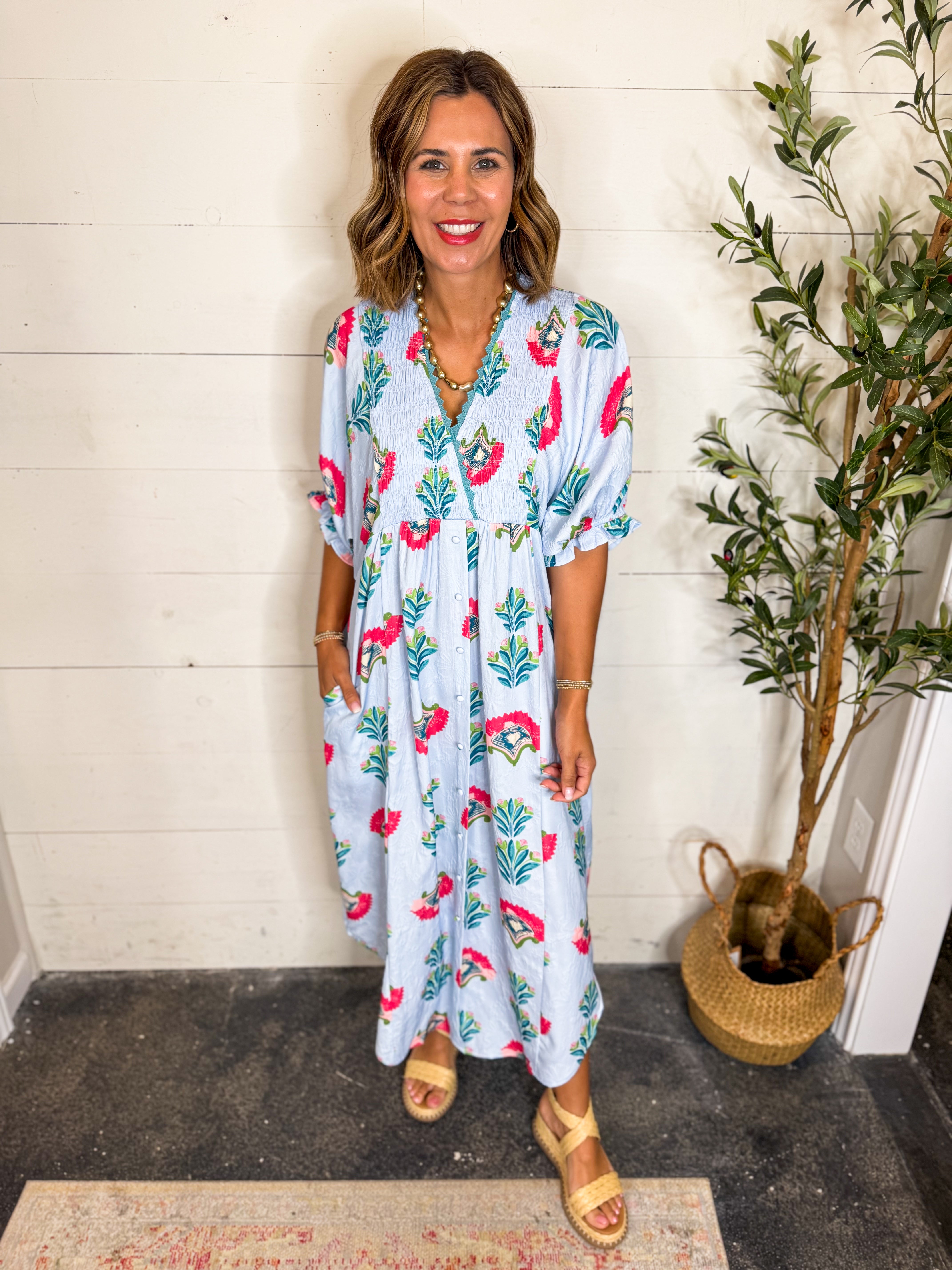 Light Blue Abstract Print Midi Dress