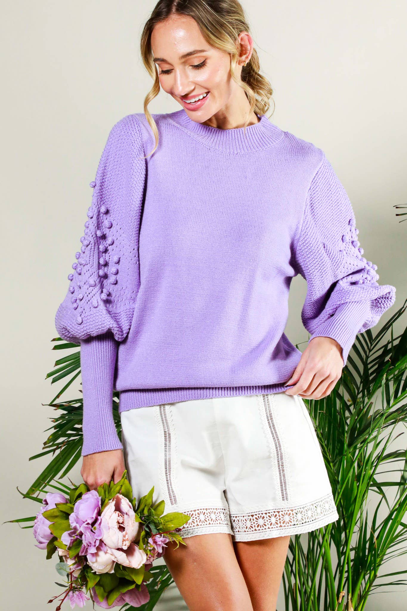 Round Neck Pom Pom Balloon Sleeve Sweater