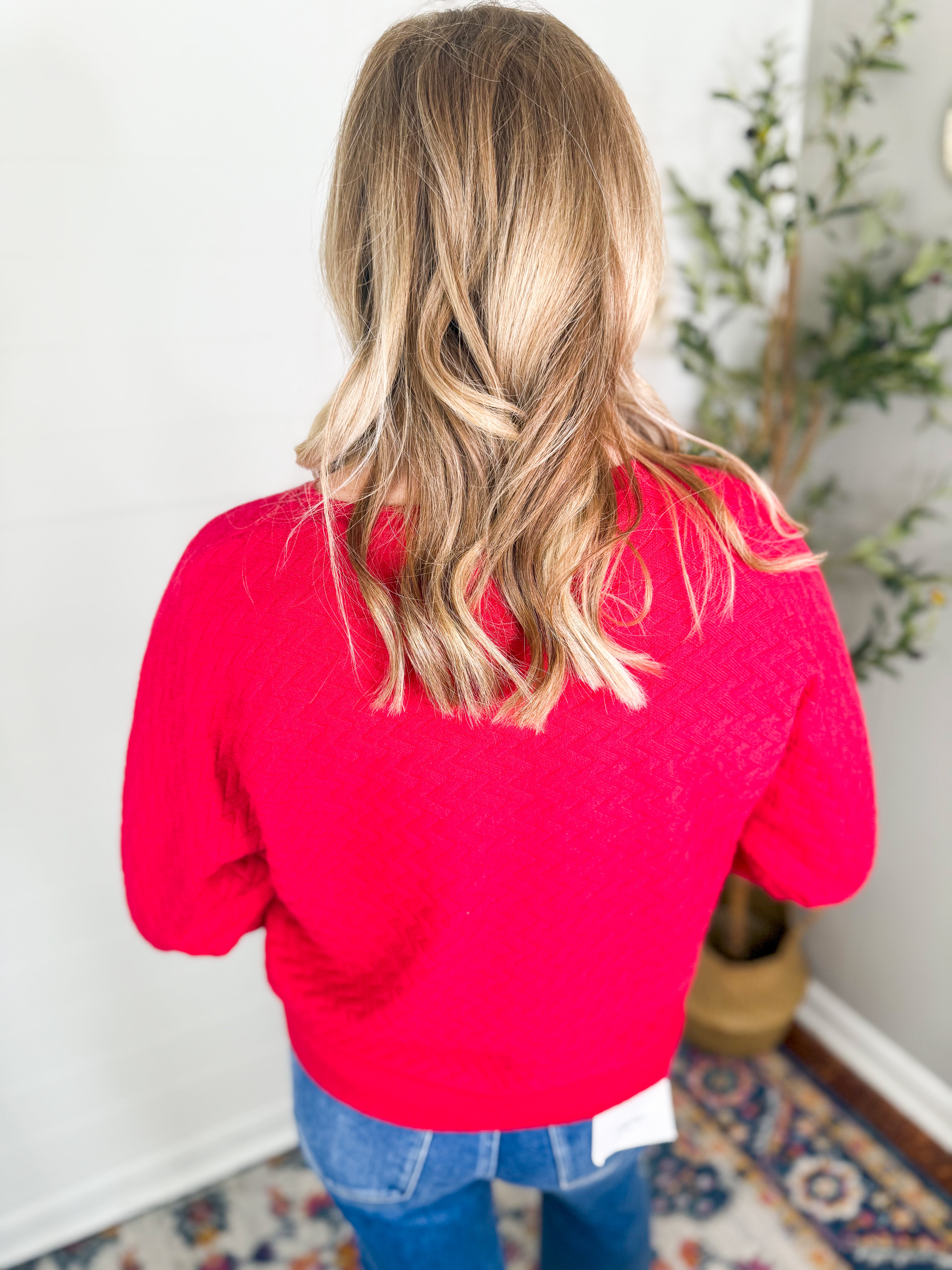 Playful Red Textured Dolman Sleeve Sweater