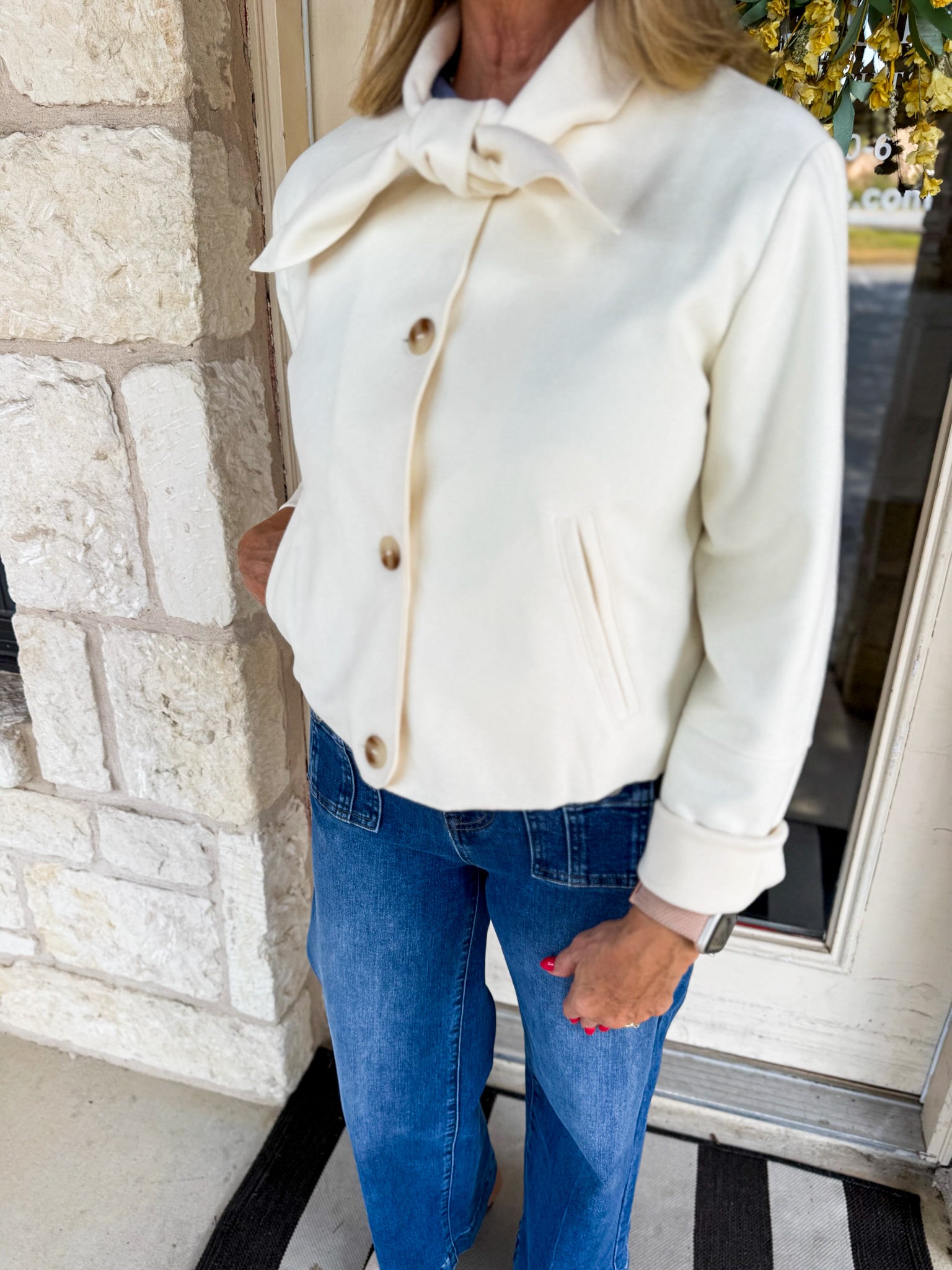 Solid Cropped Jacket With Neck Tie Detail