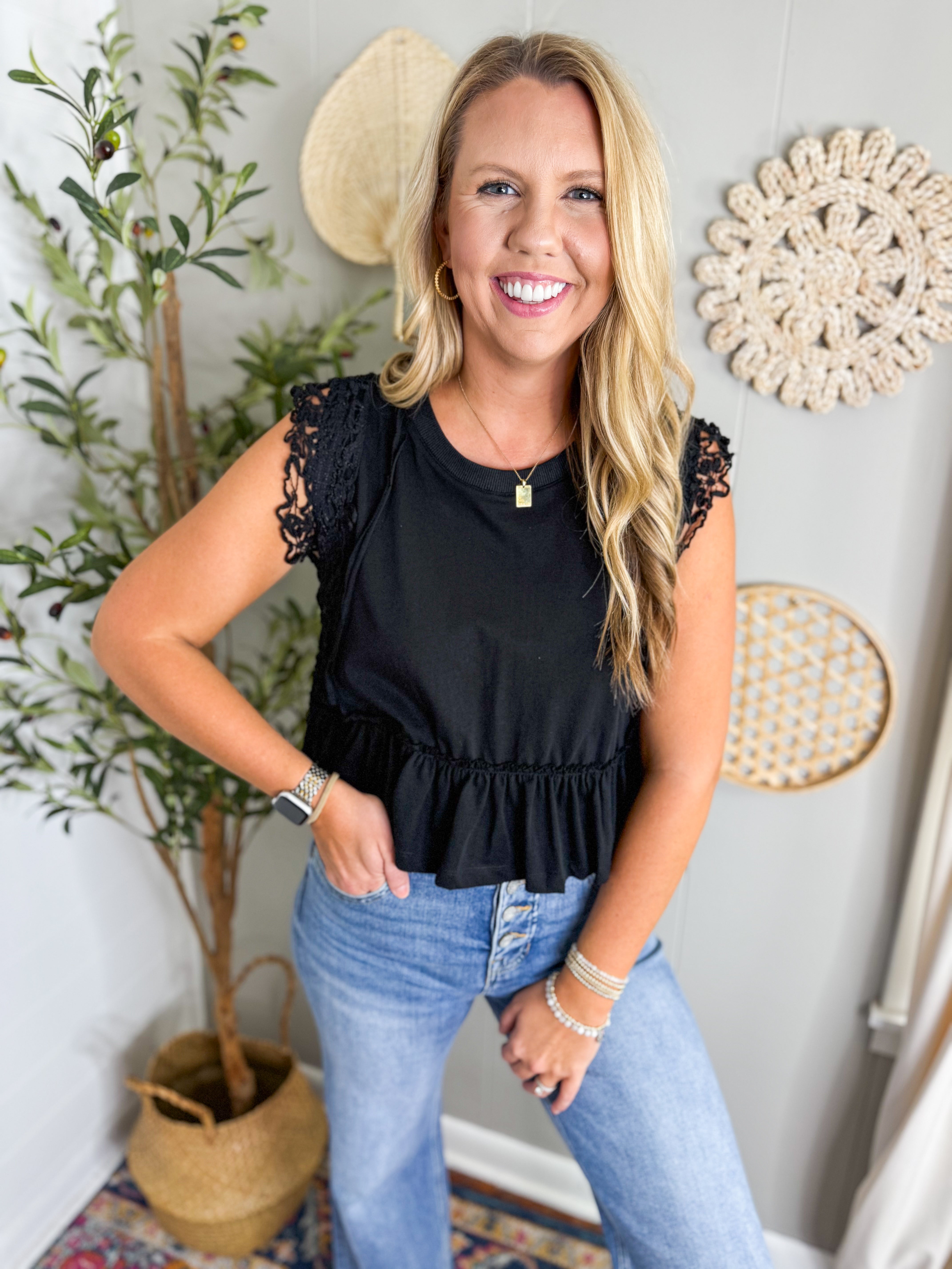 Black Side Lace Trim Ruffle Hem Top