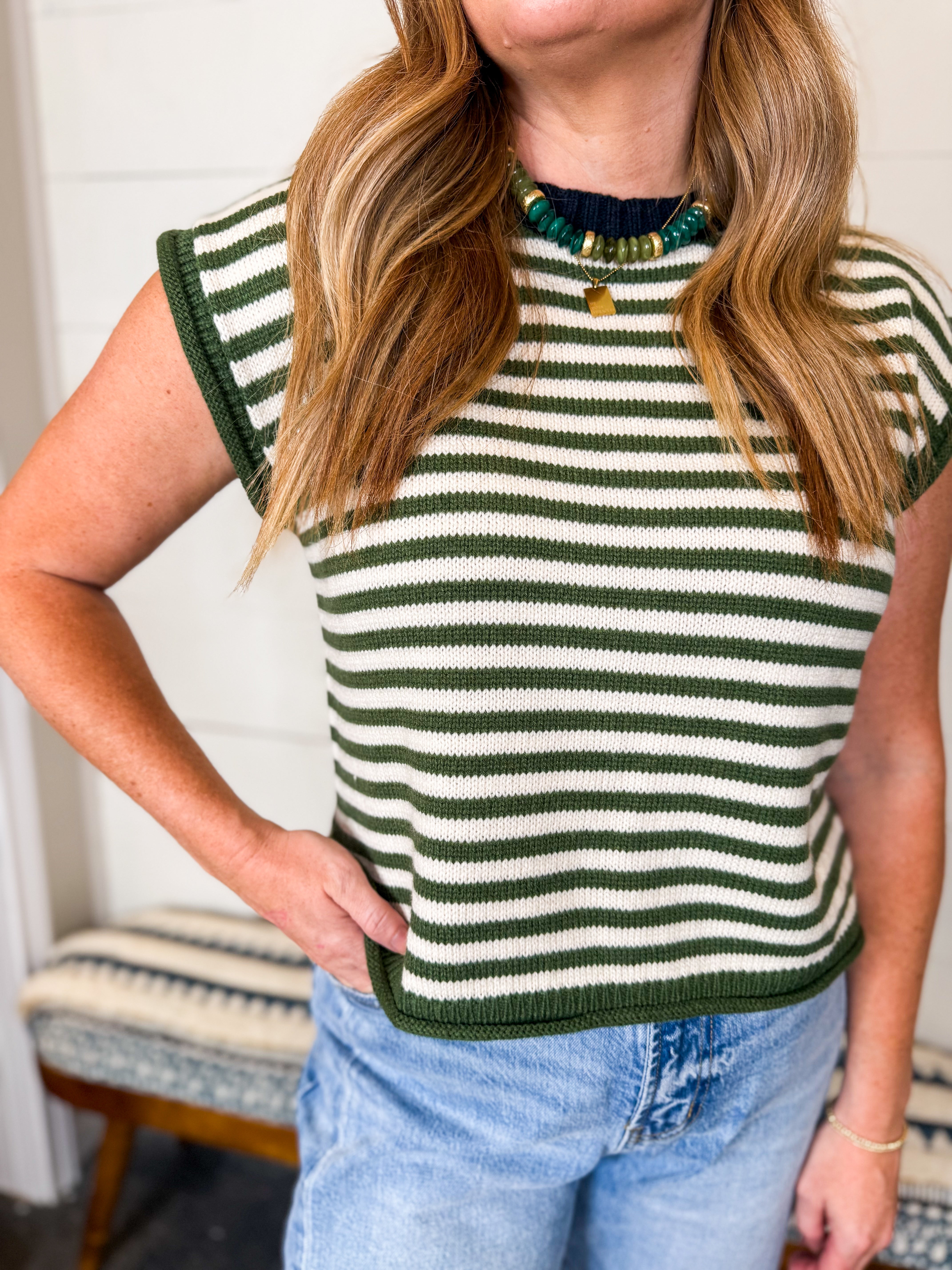 Olive Striped Sleeveless Knit Top