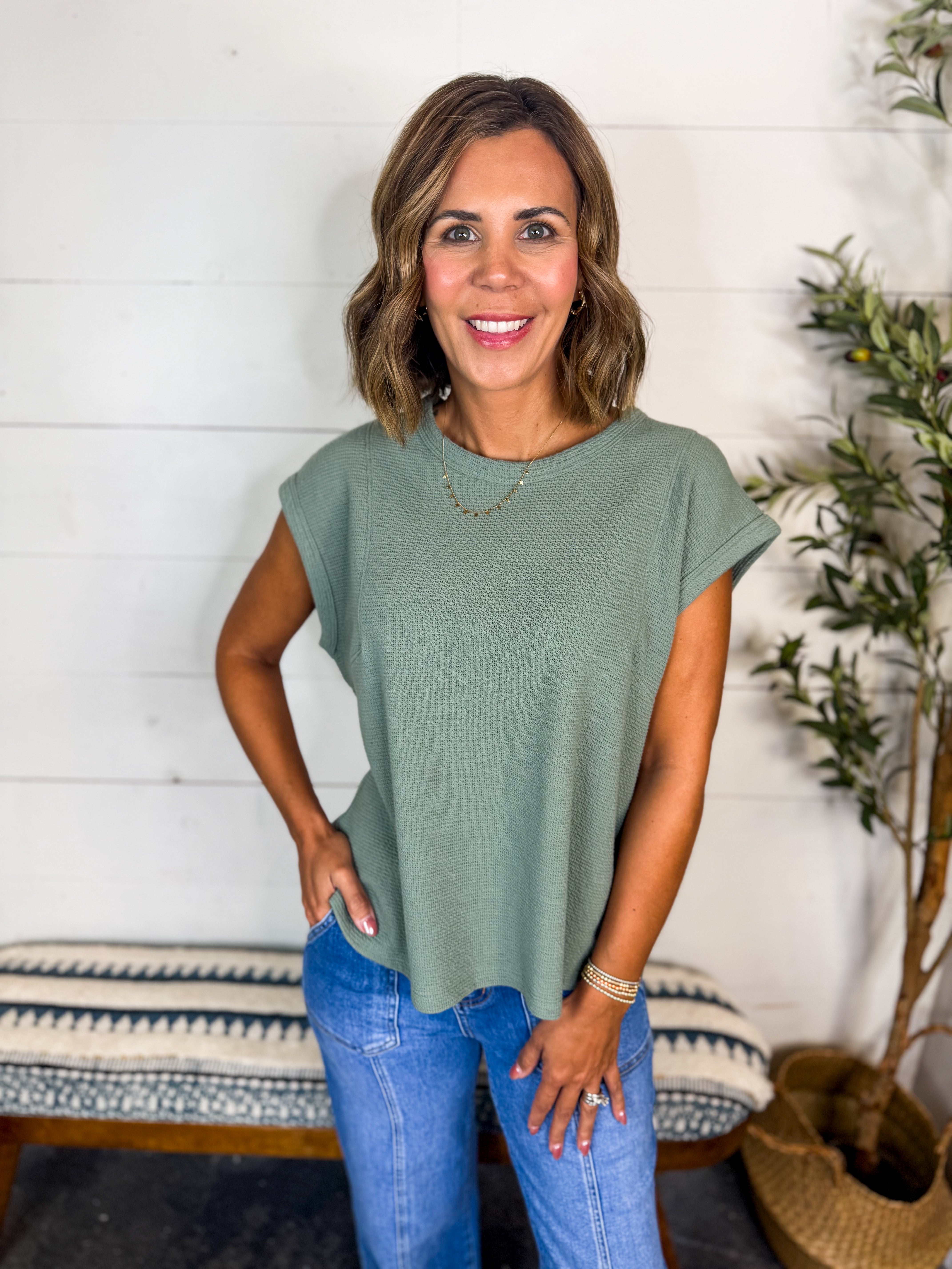 Cloudy Knit Short Sleeve Round Neck Top Army