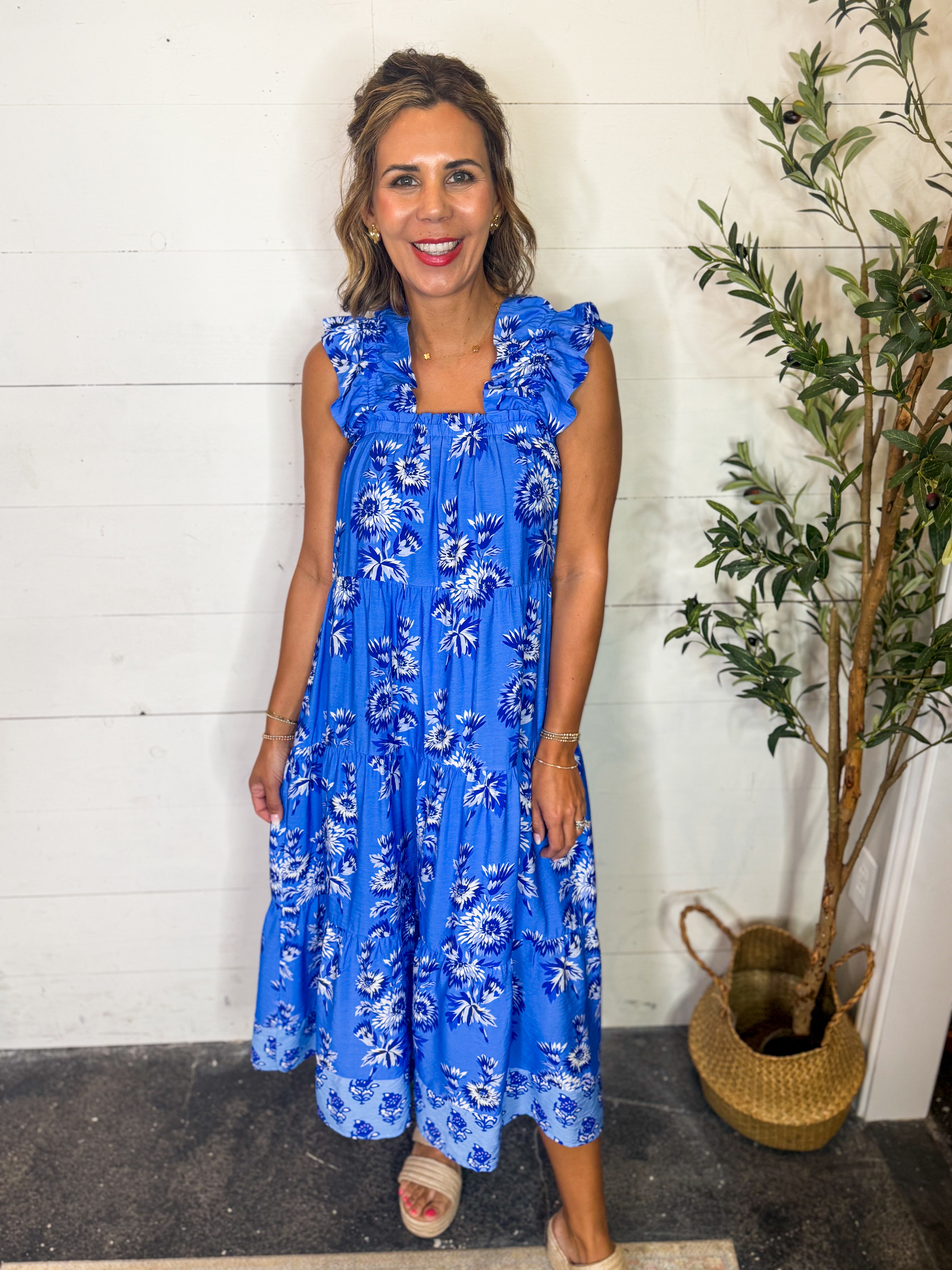 THML Flutter Sleeve Floral Print Tiered Dress